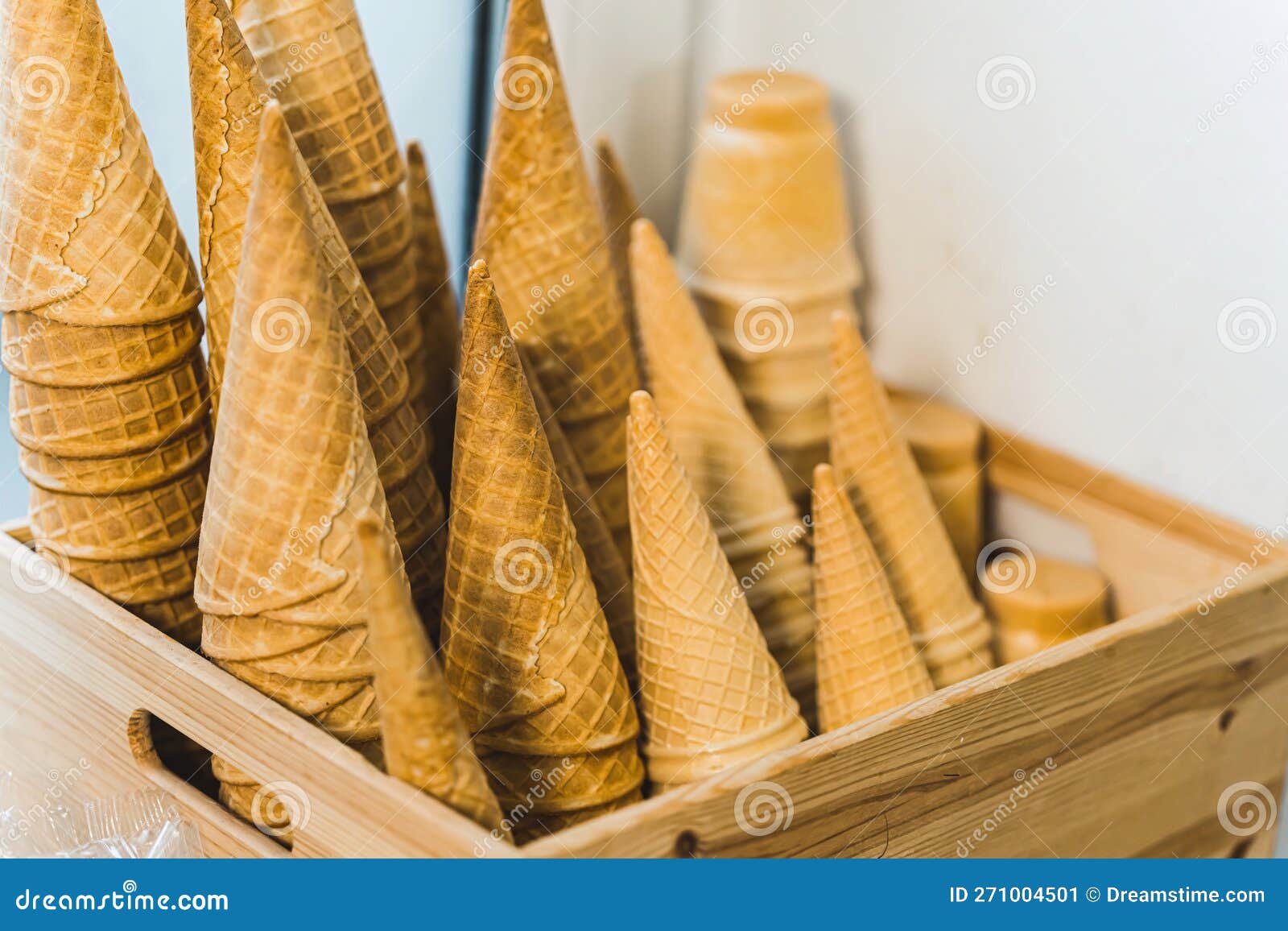 Closeup of Stack of Empty Waffle Ice Cream Cones in an Ice Cream Shop