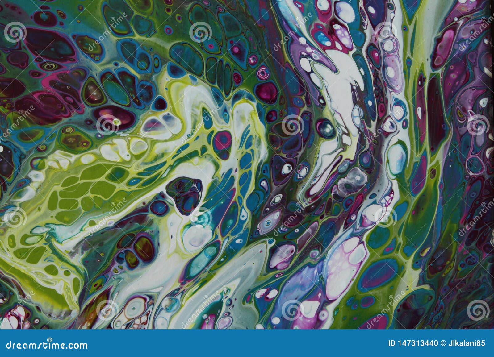 closeup of a swirling abstract acrylic pour painting with blending greens, blues, and purples.