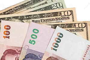 Closeup Of Thai Baht And American US Dollar Stock Photo Image Of Note 