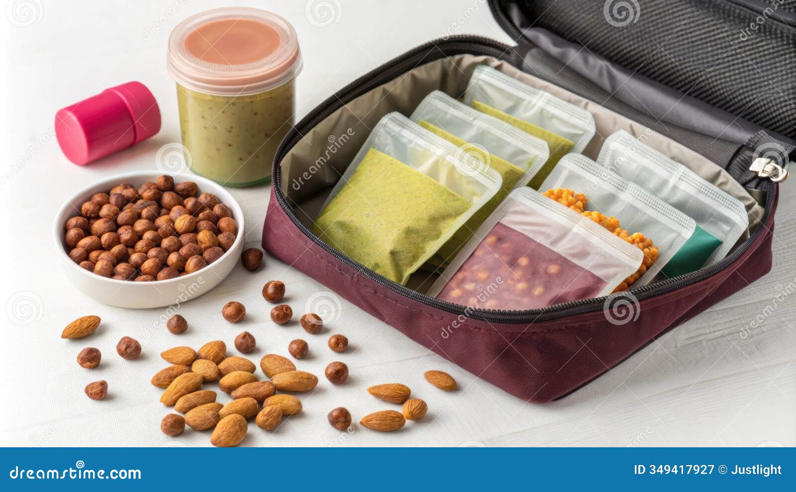 a closeup of a travel kit whose lid is partially ajar revealing an array of cleverly ed pouches containing