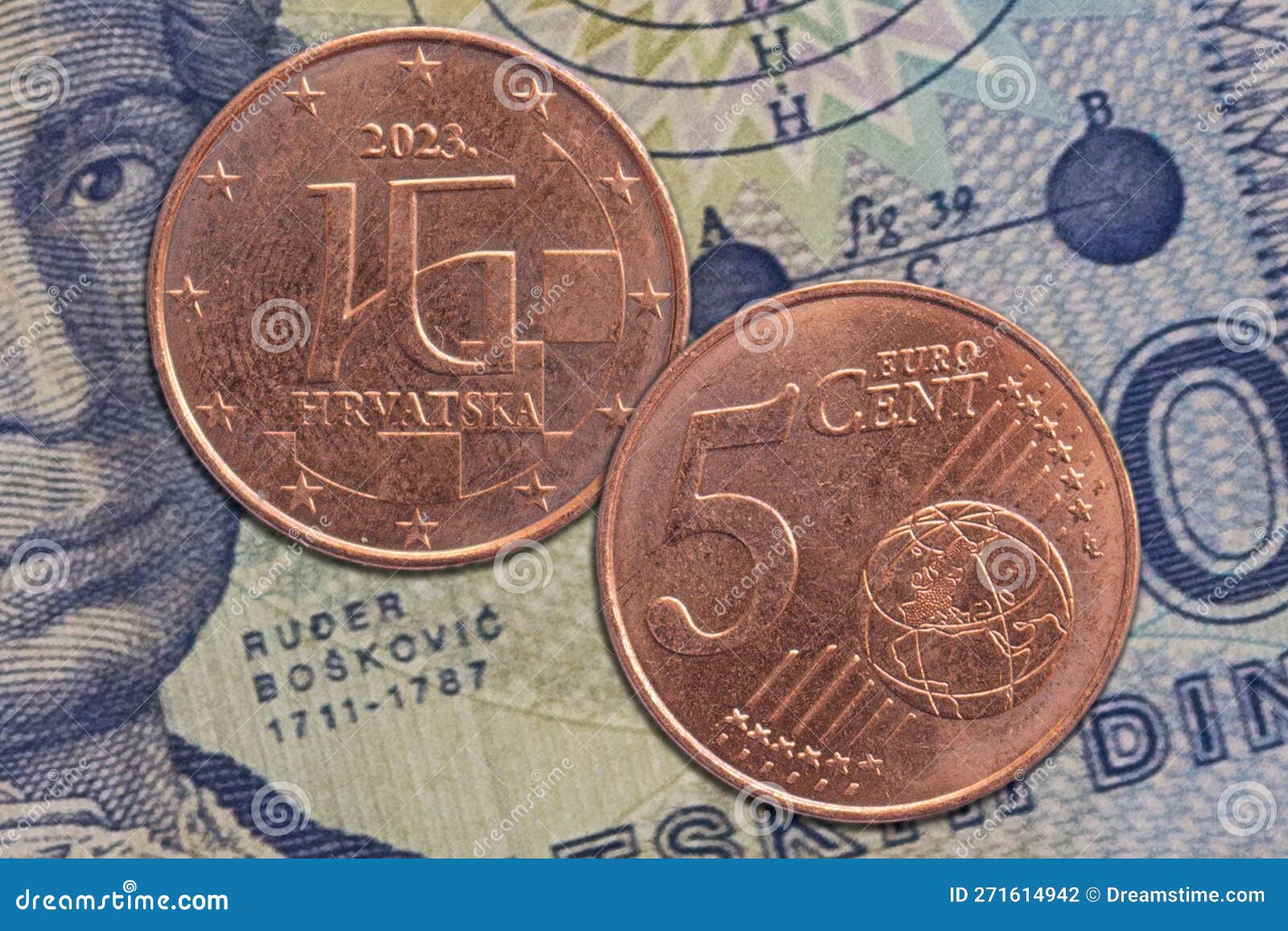 Closeup of Two Croatian Euro Coins on a Cash Bill Stock Photo Image