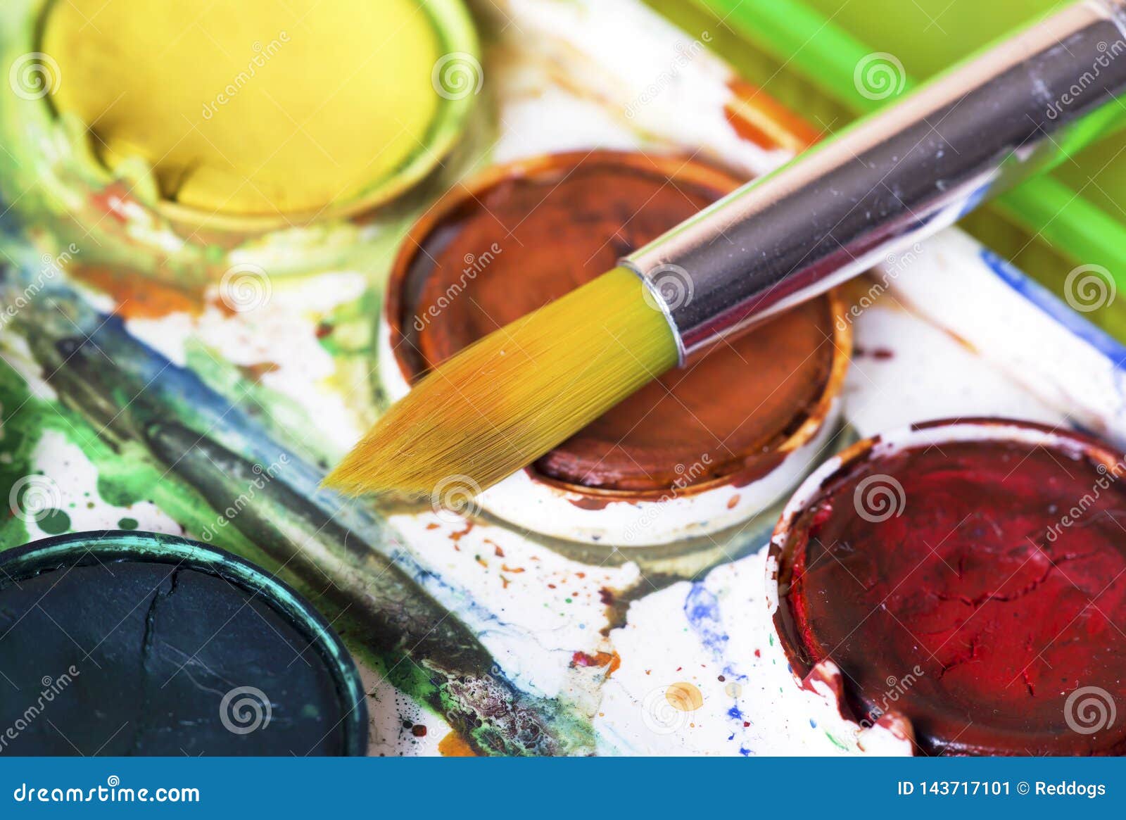 Closeup of Used Watercolor Paintbox with Brush Stock Image - Image of ...