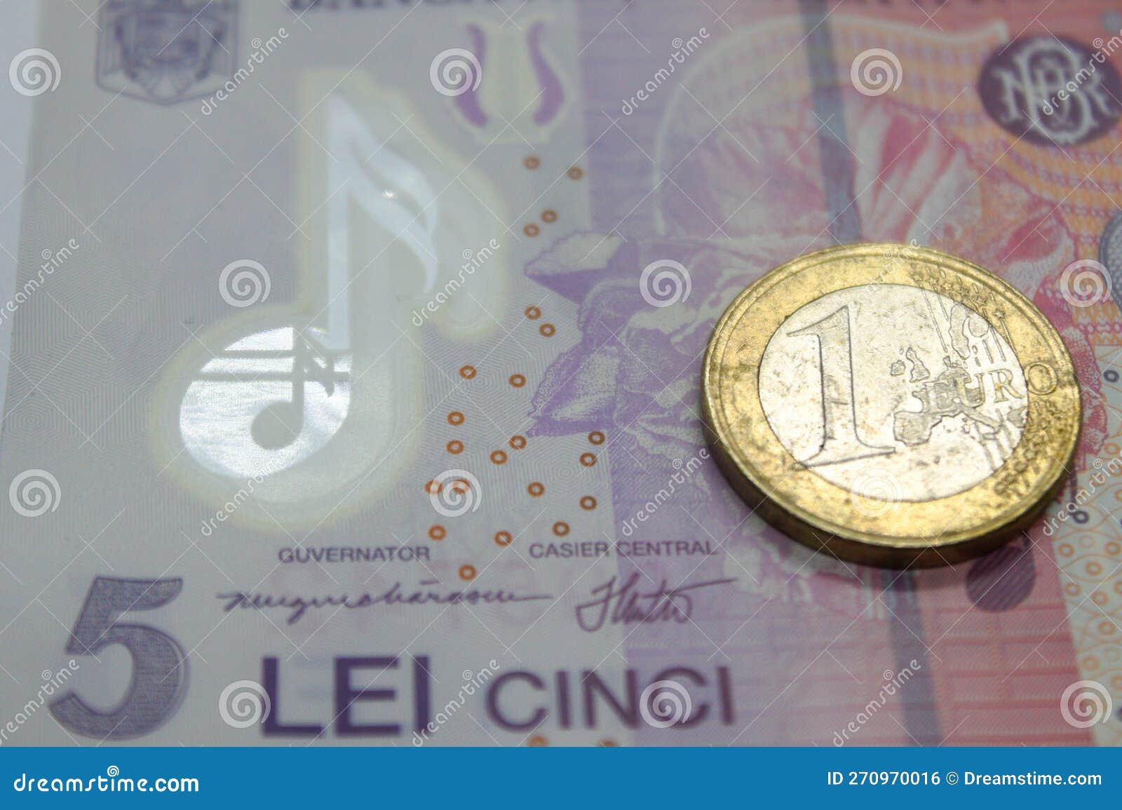 Closeup Of Used One Euro Coin On Five Lei RON Banknote Stock Photo closeup-of-used-one-euro-coin-on-five-lei-ron-banknote-stock-photo