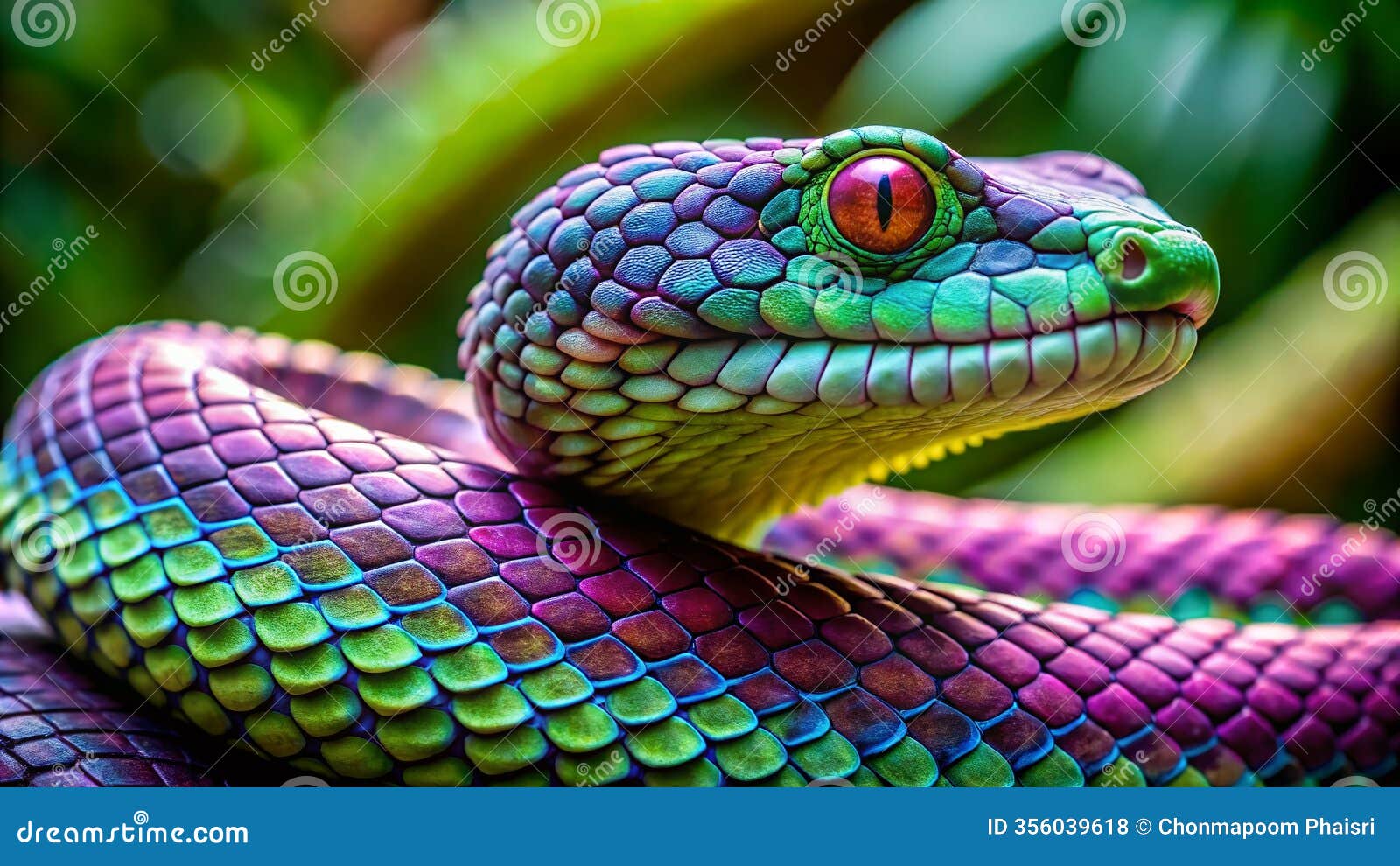 closeup of a venomous purplespotted green pit viper trimeresurus purpureomaculatus in its natural habitat stunning