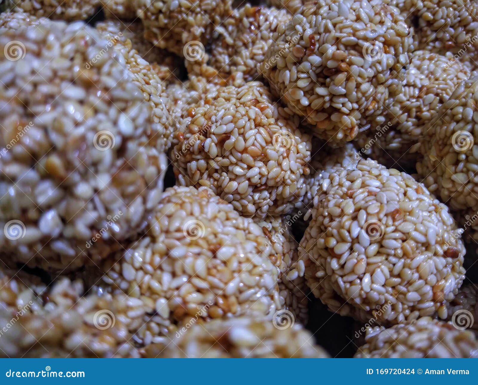 closeup view of amarnath seed or sesame seed sweet, also known as til ka laddo.