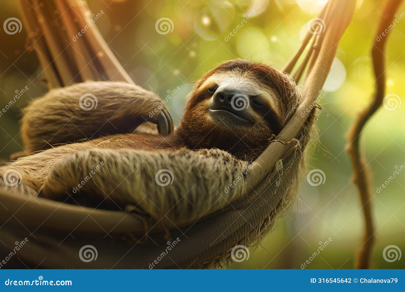 closeup view of a beautiful cute sloth relaxing in hammock in its natural habitat