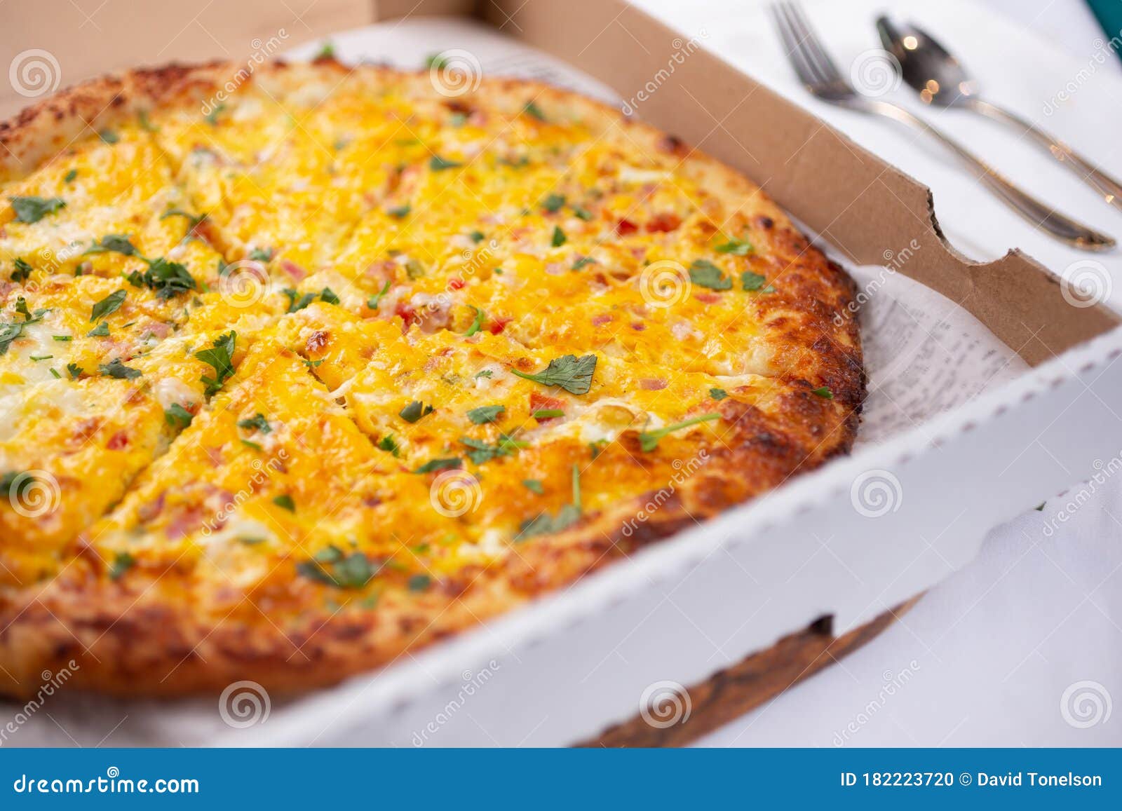 Breakfast pizza delivery stock photo. Image of table 182223720