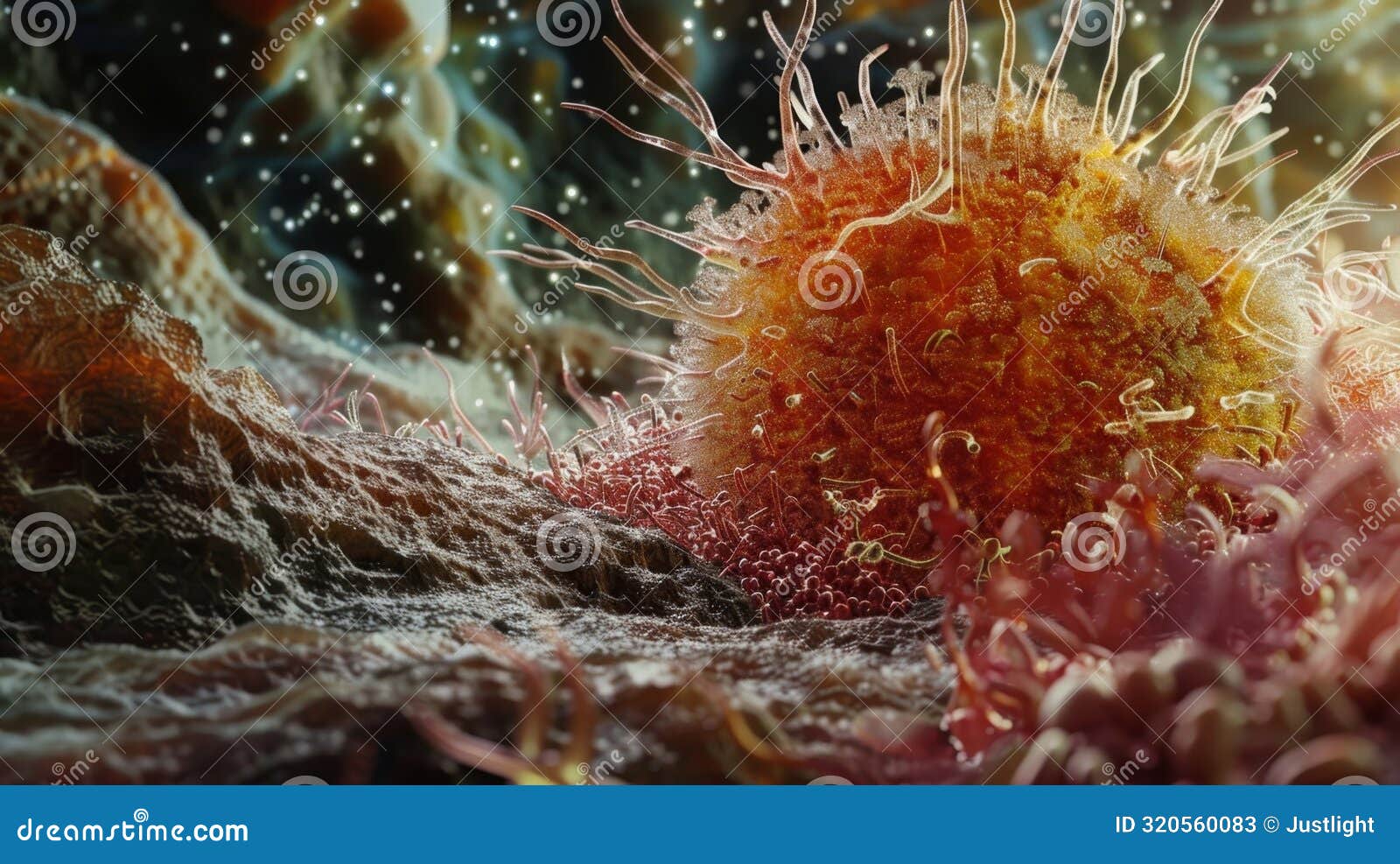 a closeup view of a cancer cell extending its cytoplasmic projections into surrounding tissue