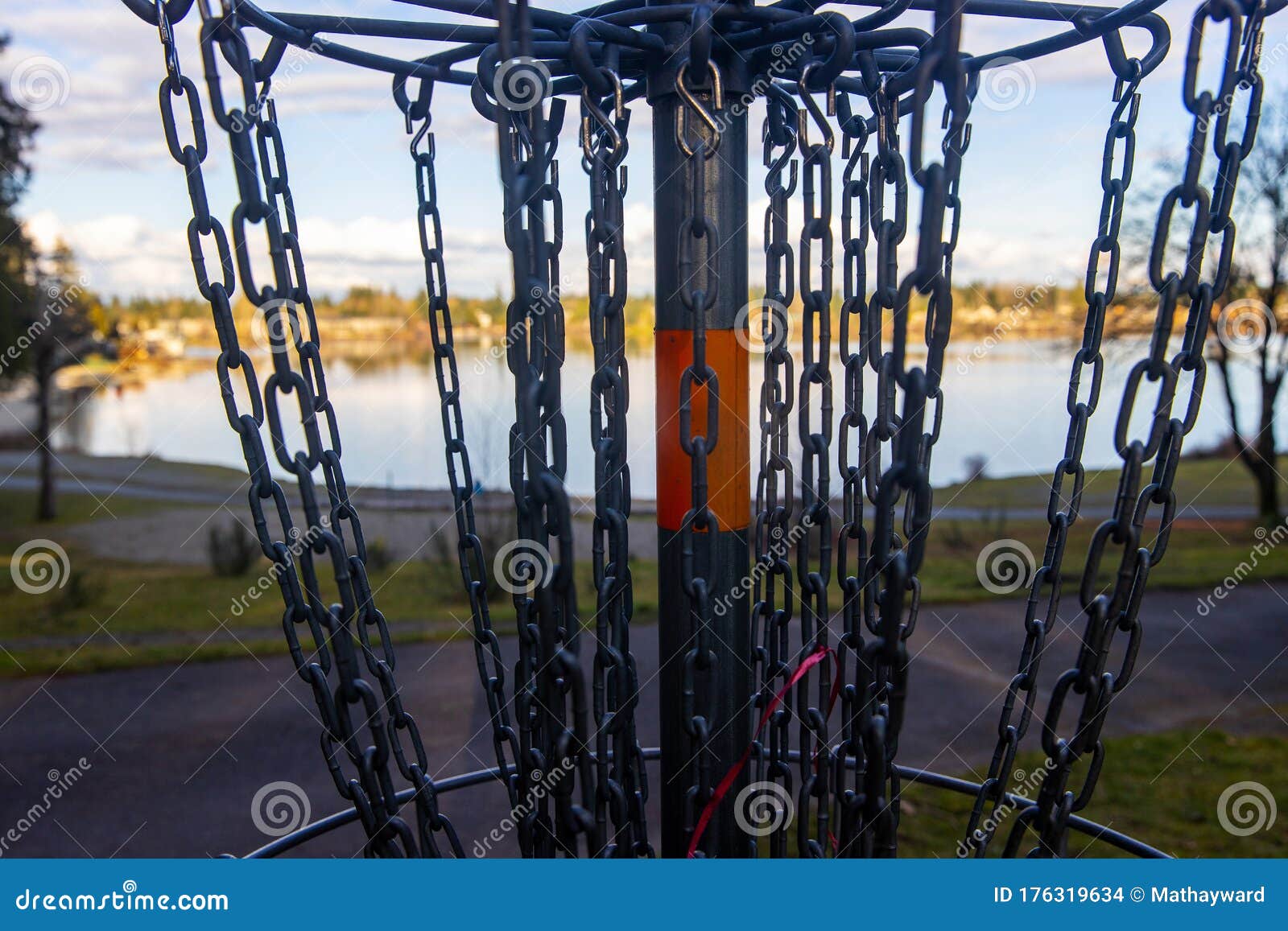 Closeup View of Chains on a Disc Golf Course Neark a Lake in a Park Outside Stock Photo Image