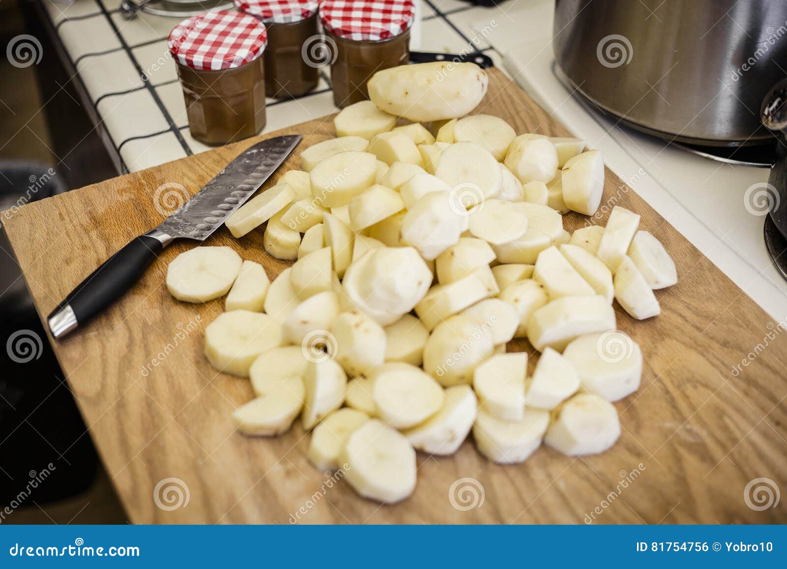 Closeup of View of Chopped Potatoes in the Kitchen Stock Photo Image