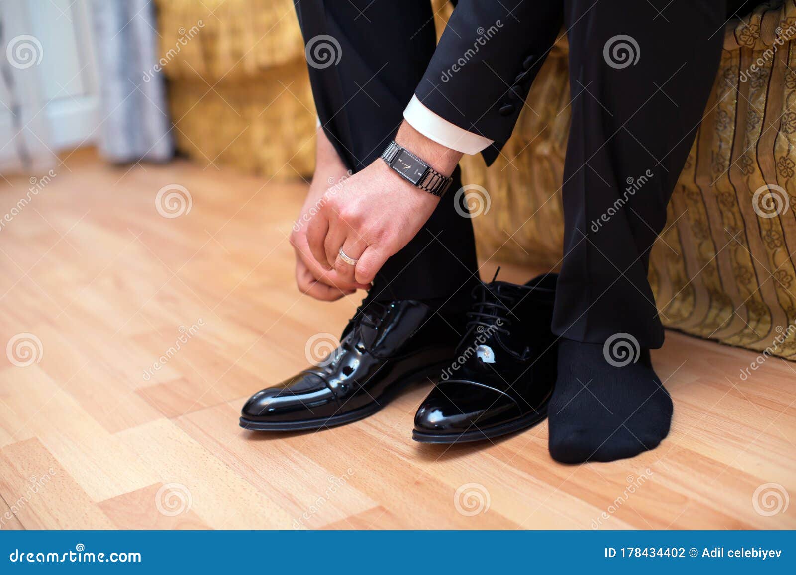 Closeup View of Male Hands Lacing Beautiful Elegant Shoes. Wedding Day ...