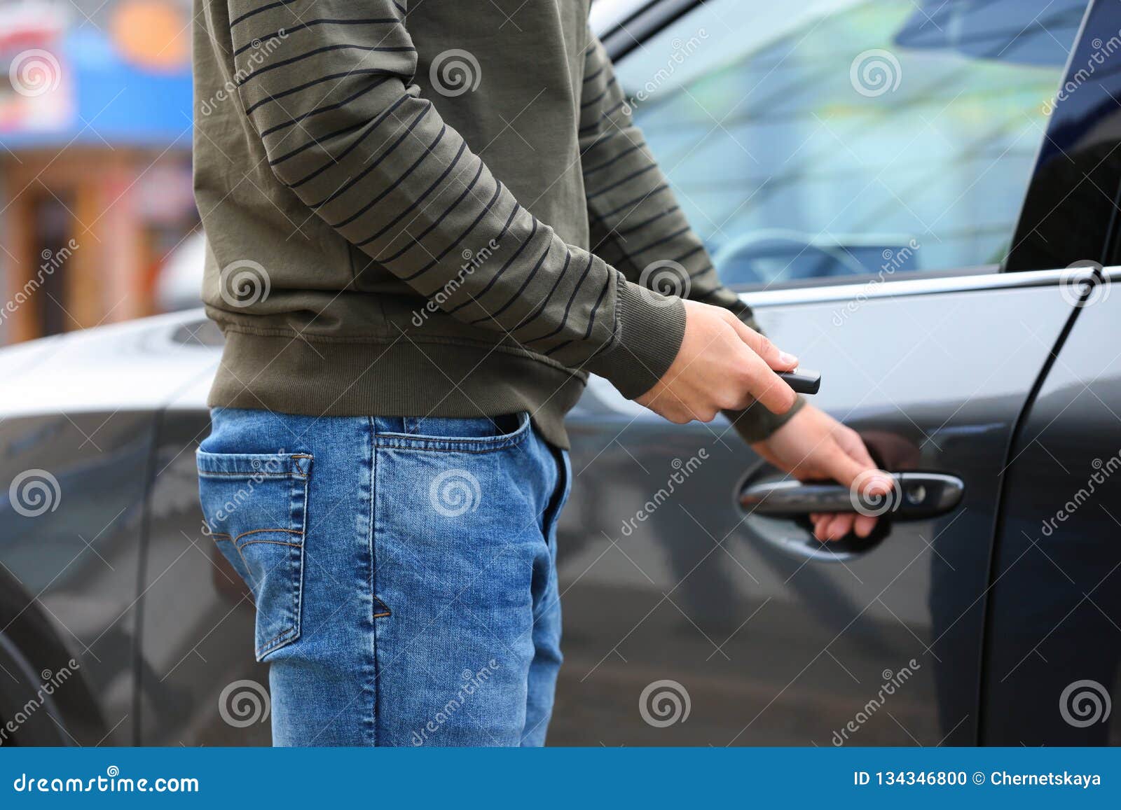 Closeup View of Man Opening Car Door with Key Stock Photo Image of holding, deal 134346800
