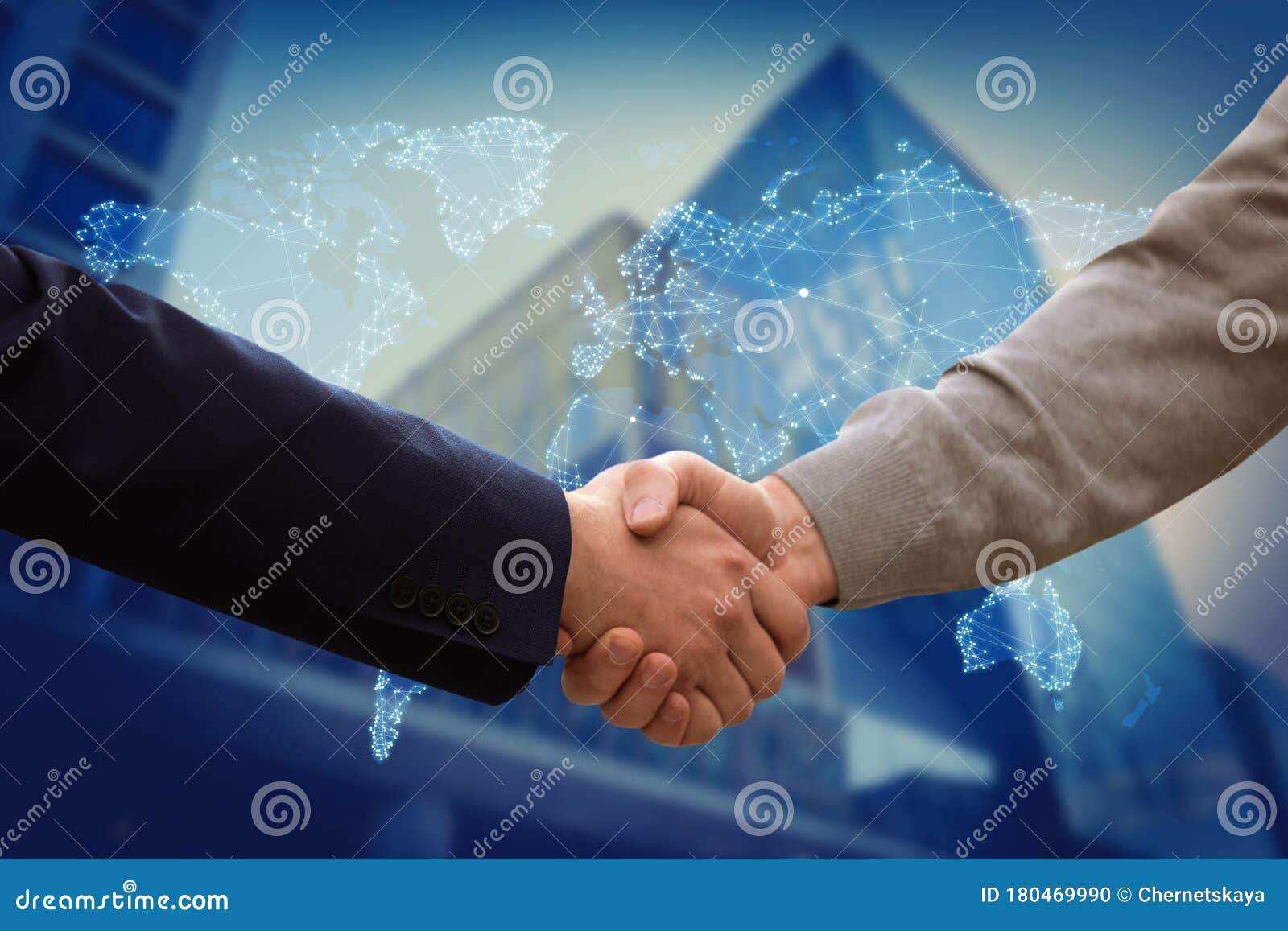 view of partners shaking hands and world map. business values