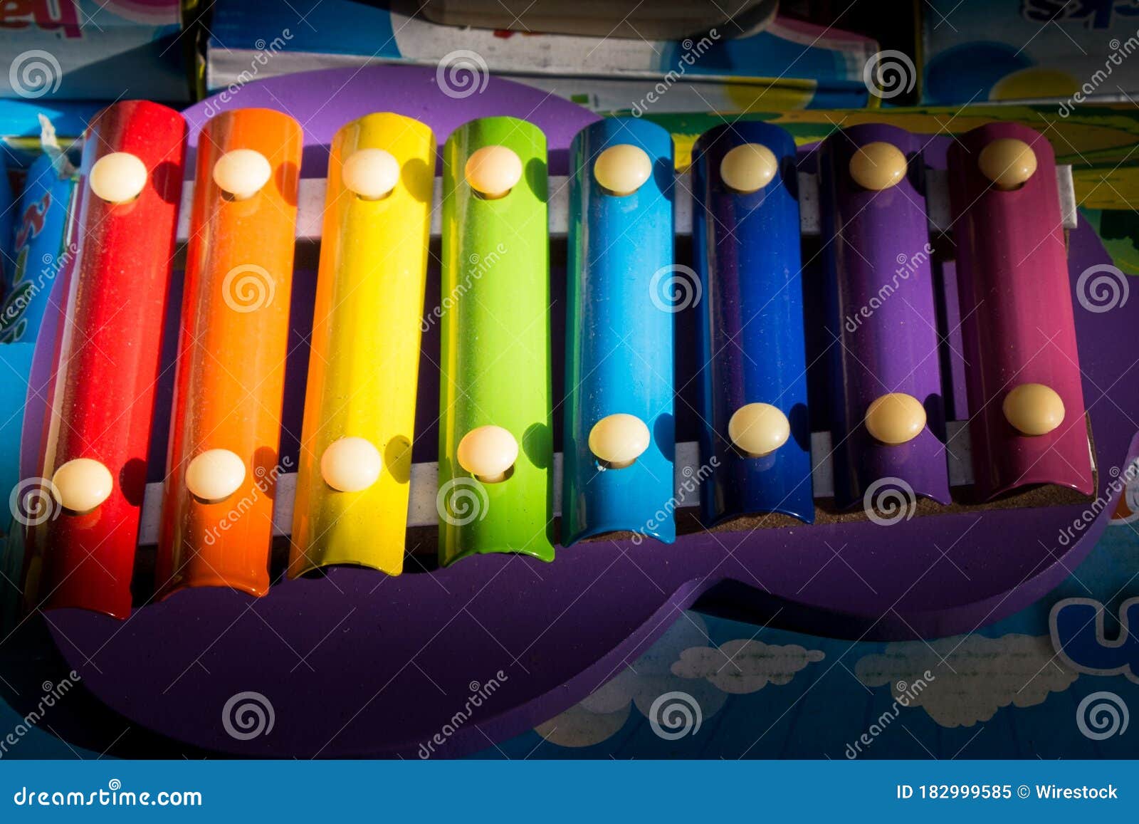 Closeup View of the Rainbowcolored Xylophone with a Purple Frame Stock