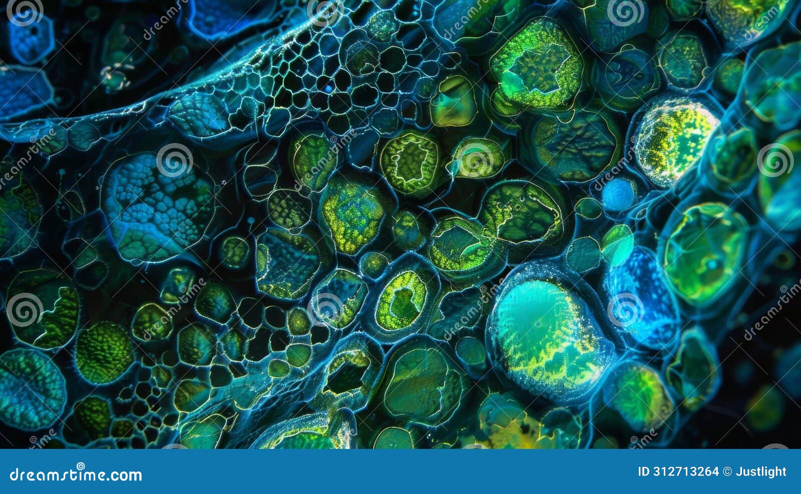 a closeup view of a single algal cell showcasing the radiant shades of blue and green in its chloroplasts. .