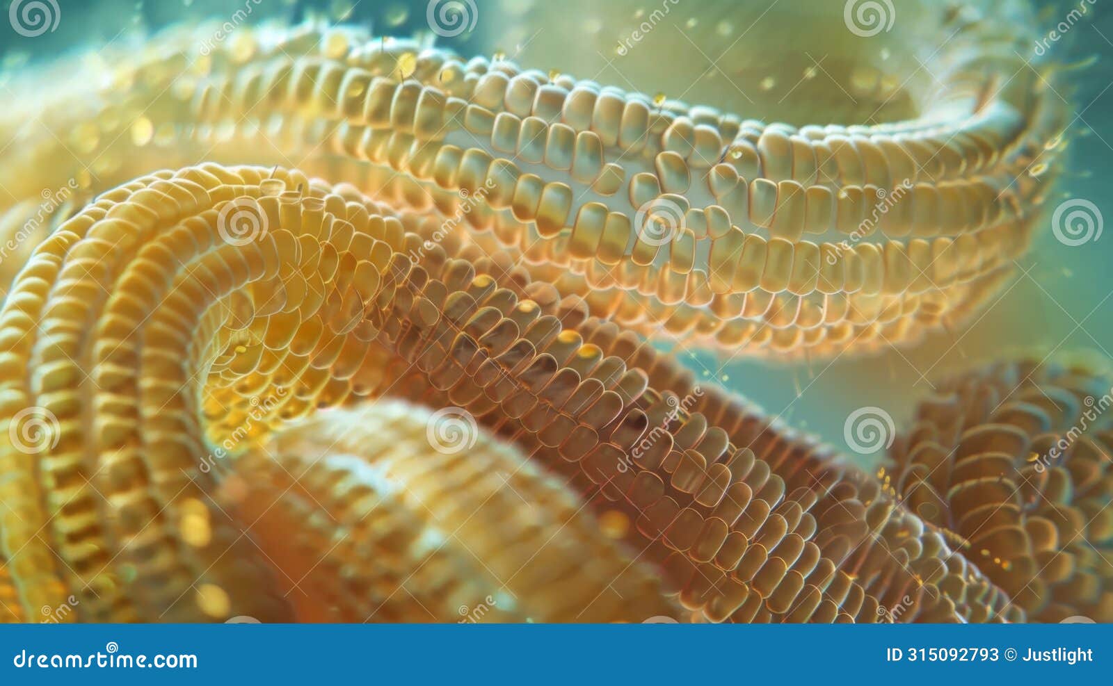 a closeup view of a tapeworm with its extensive network of segments visible under a microscope. the thin wormlike body