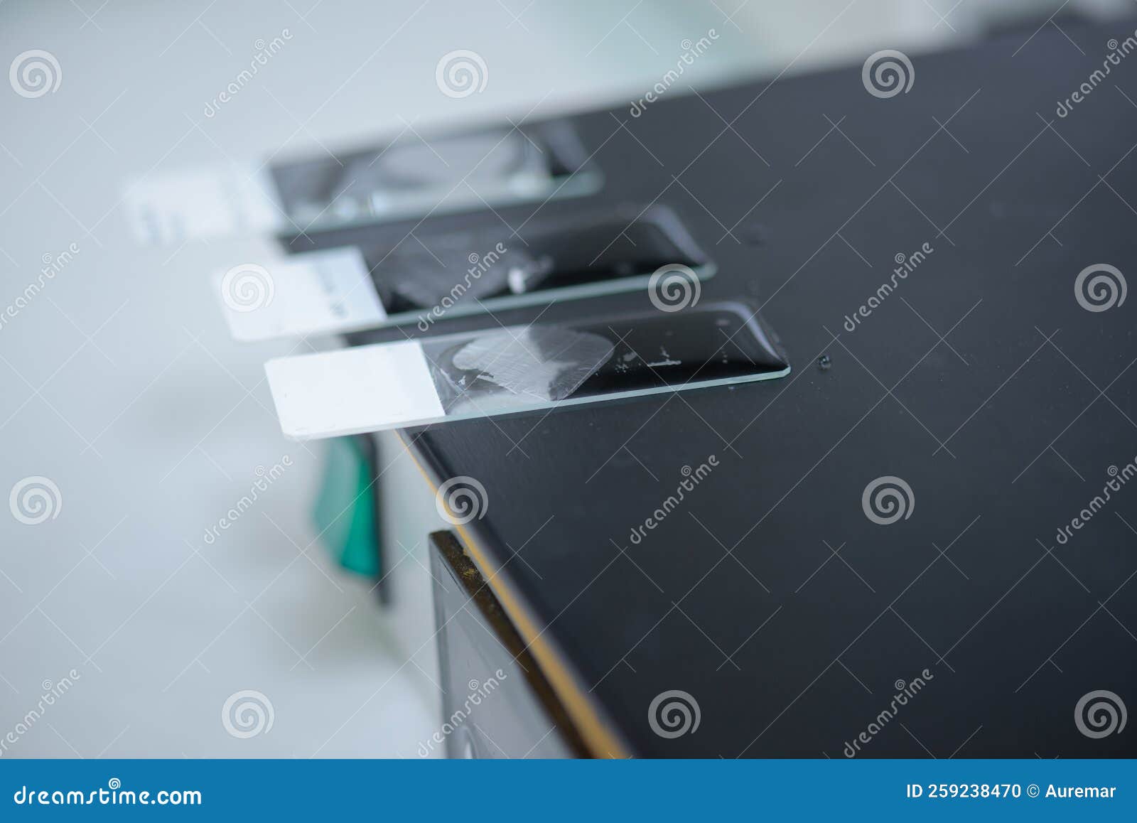 closeup view three microscope slides on bench