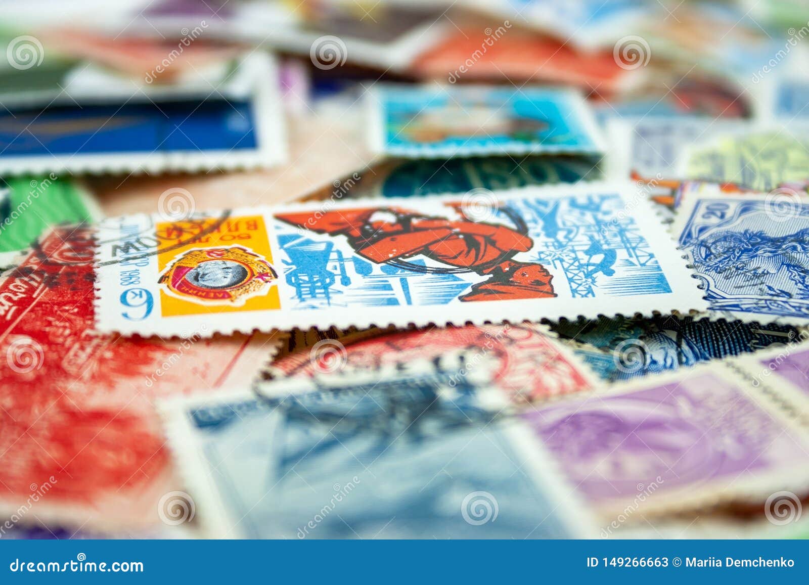 Closeup View on a Variety of Multicolored Postage Stamps from