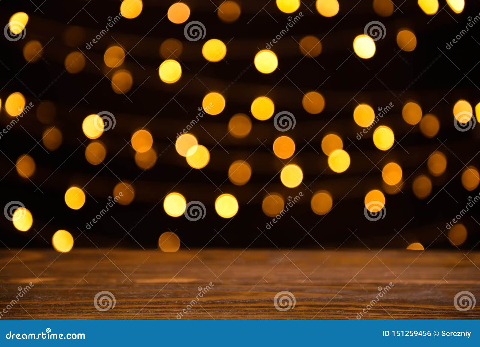 Closeup View of Wooden Table with Glowing Lights Stock Photo - Image of ...