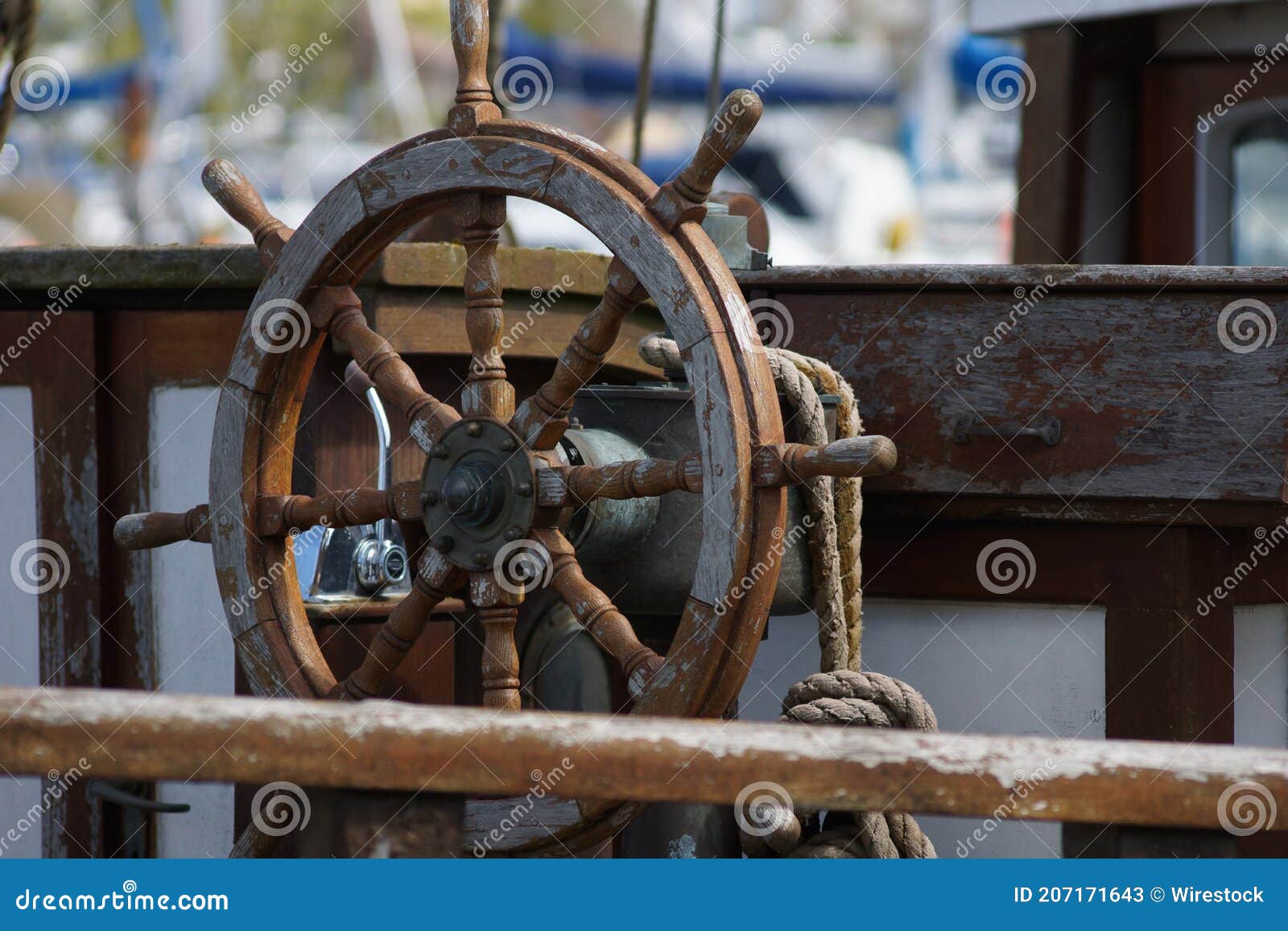 Closeup of a Vintage Ship Steering Wheel Stock Image Image of