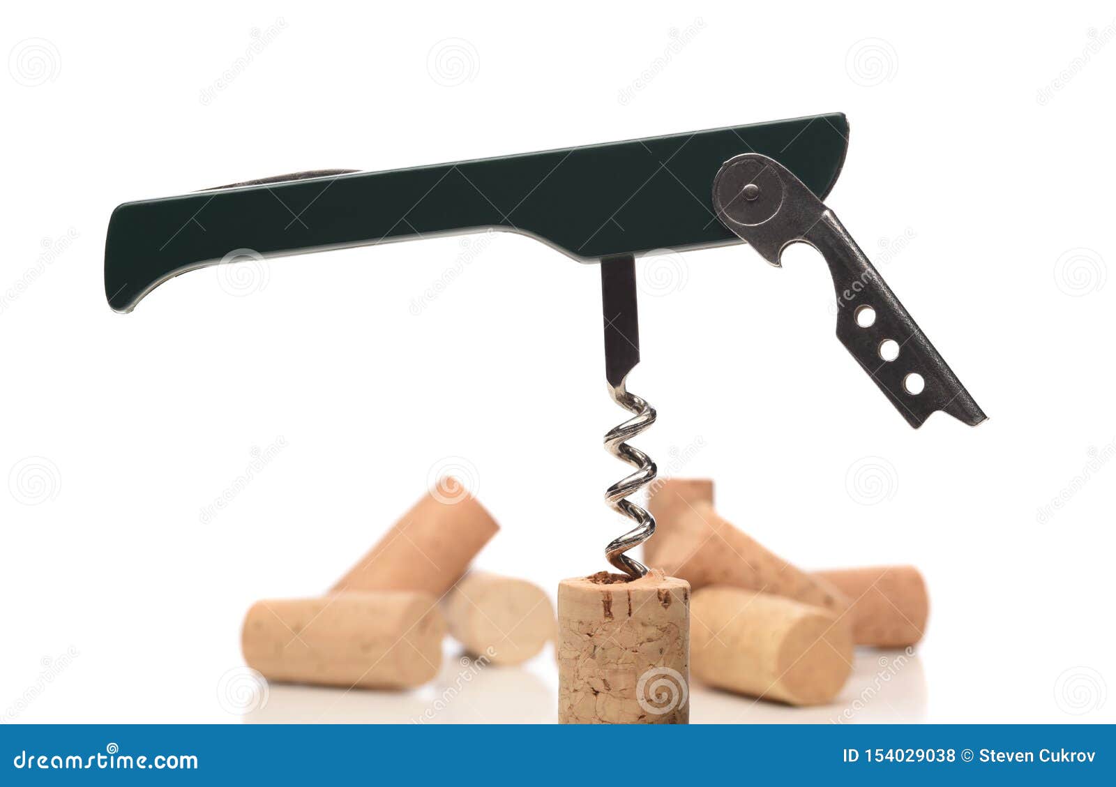 Closeup of a Waiters Corkscrew Inserted into a Cork Isolated on White