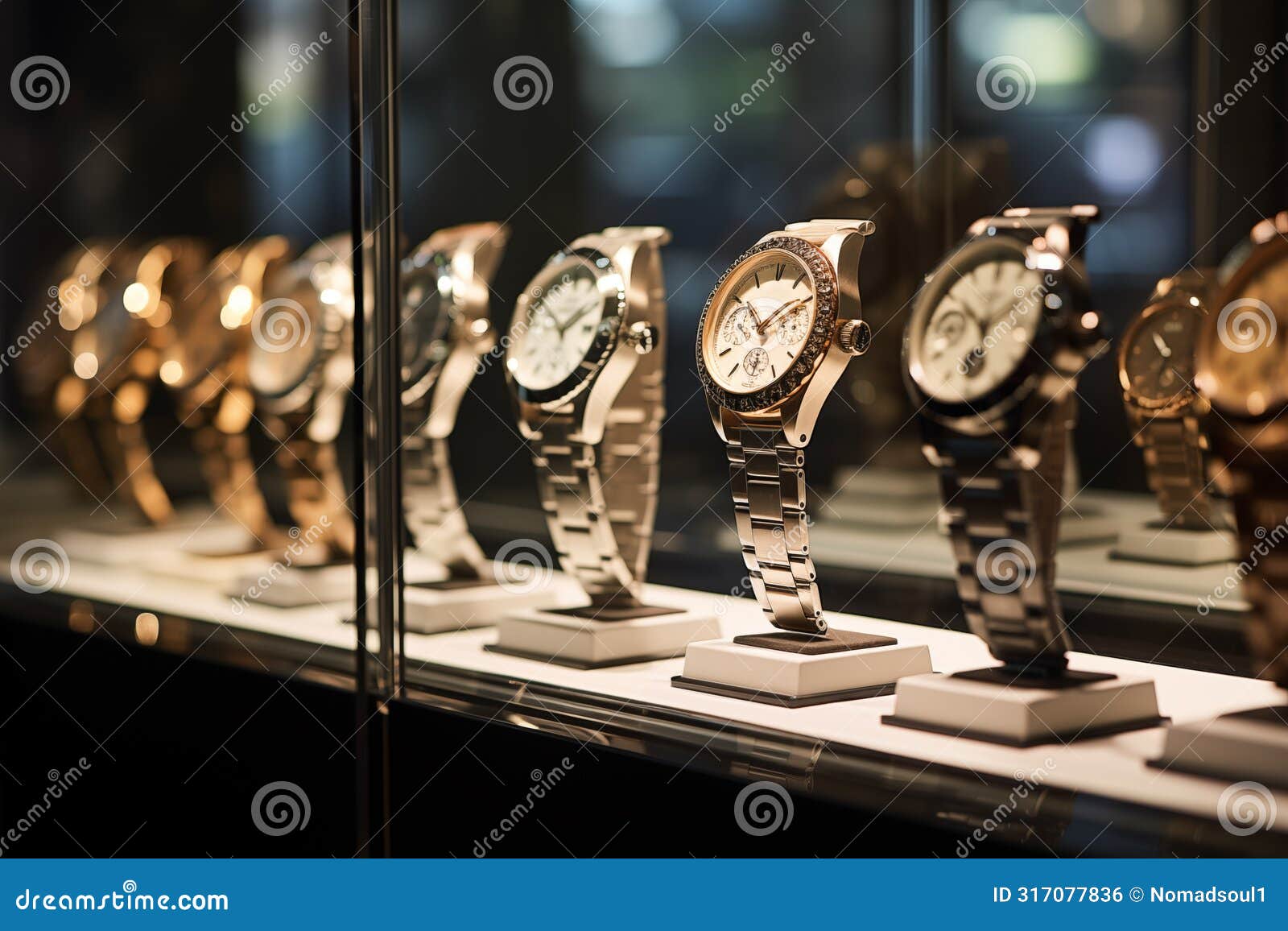 closeup of watches elegantly showcased in glass display case. generative ai