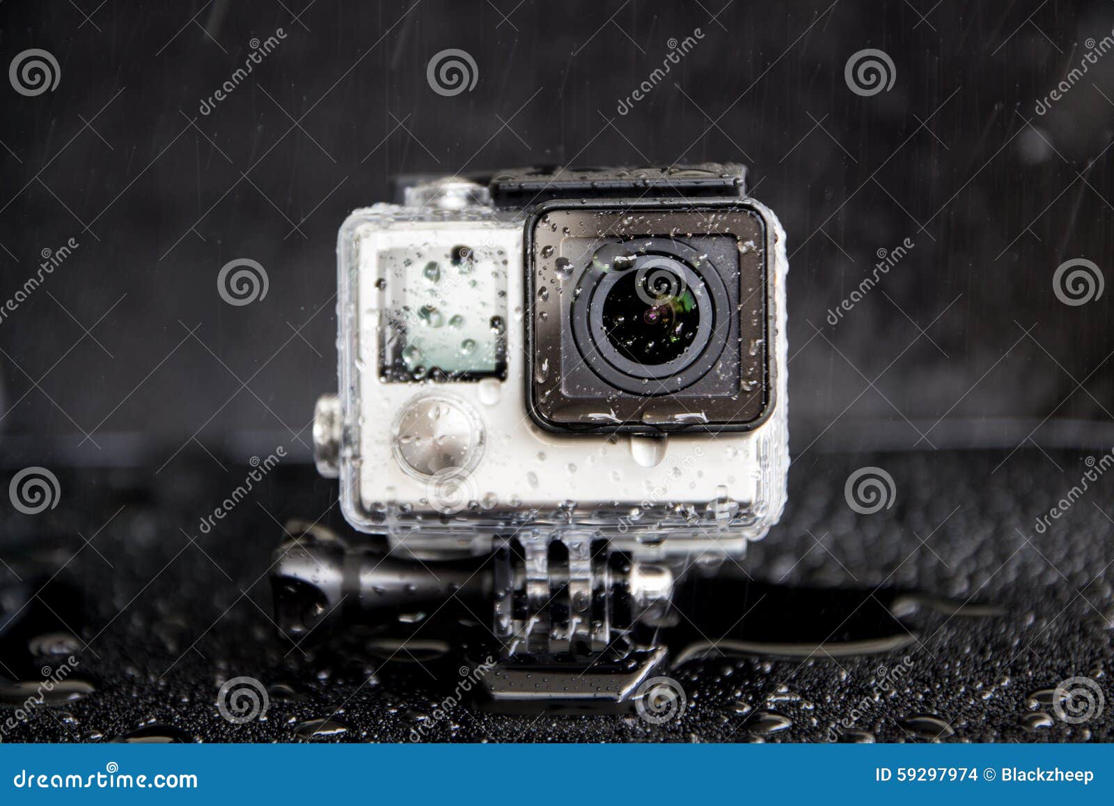 Closeup Water Splash on Extreme Camera in Waterproof Stock Photo