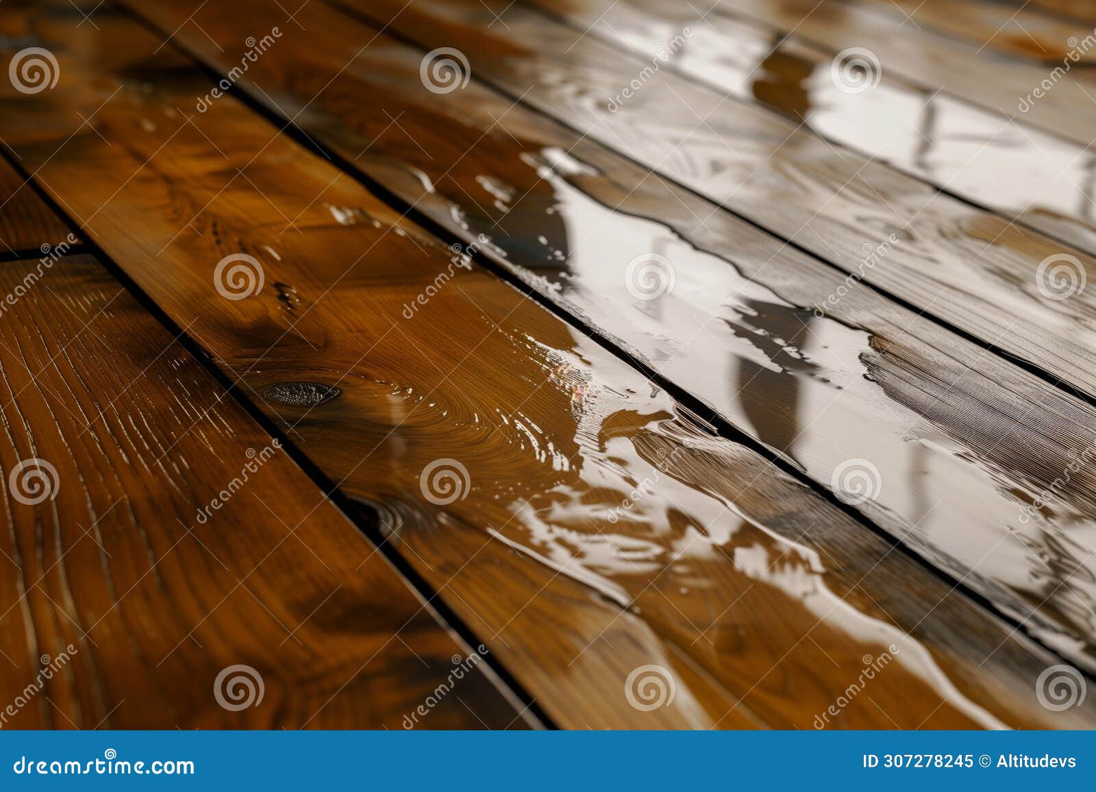 closeup of wet hardwood floor warping and buckling