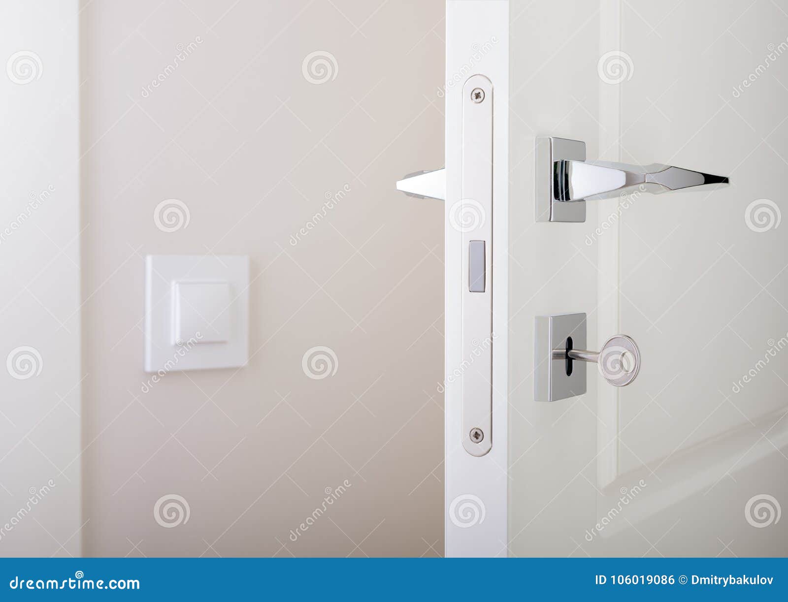 Closeup Of White Interior Doors Lock With Key And Chrome