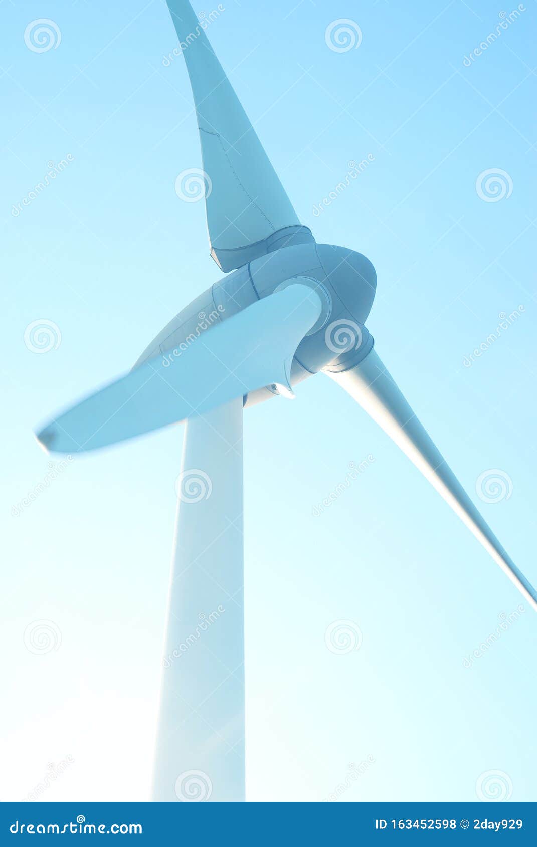 Closeup Wind Turbines, Wind Power Blue Sky Background, Design
