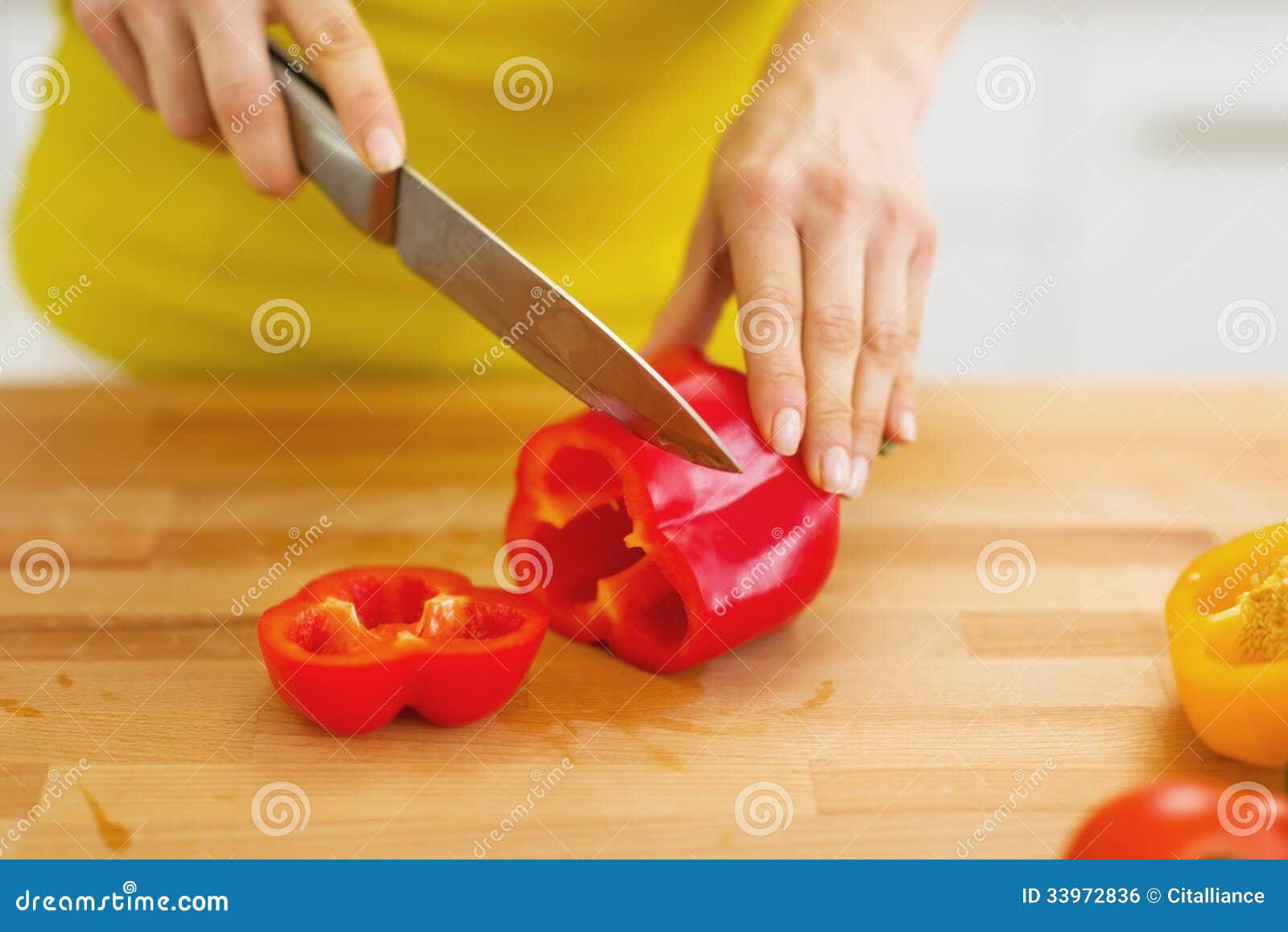 Closeup on Woman Cutting Red Bell Pepper Stock Photo Image of kitchen