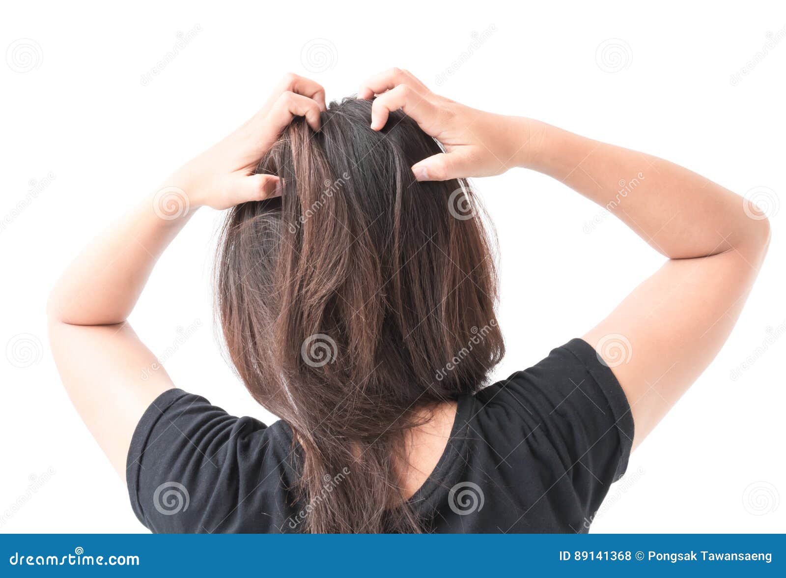 closeup woman hand itchy scalp, hair care