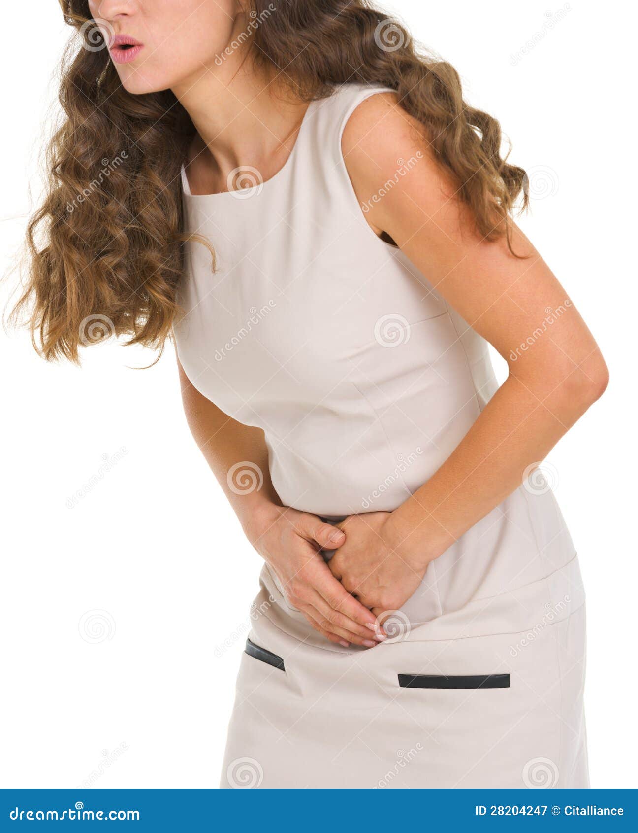 Monochrome Shot of Woman in Underwear Holding Stomach in Pain