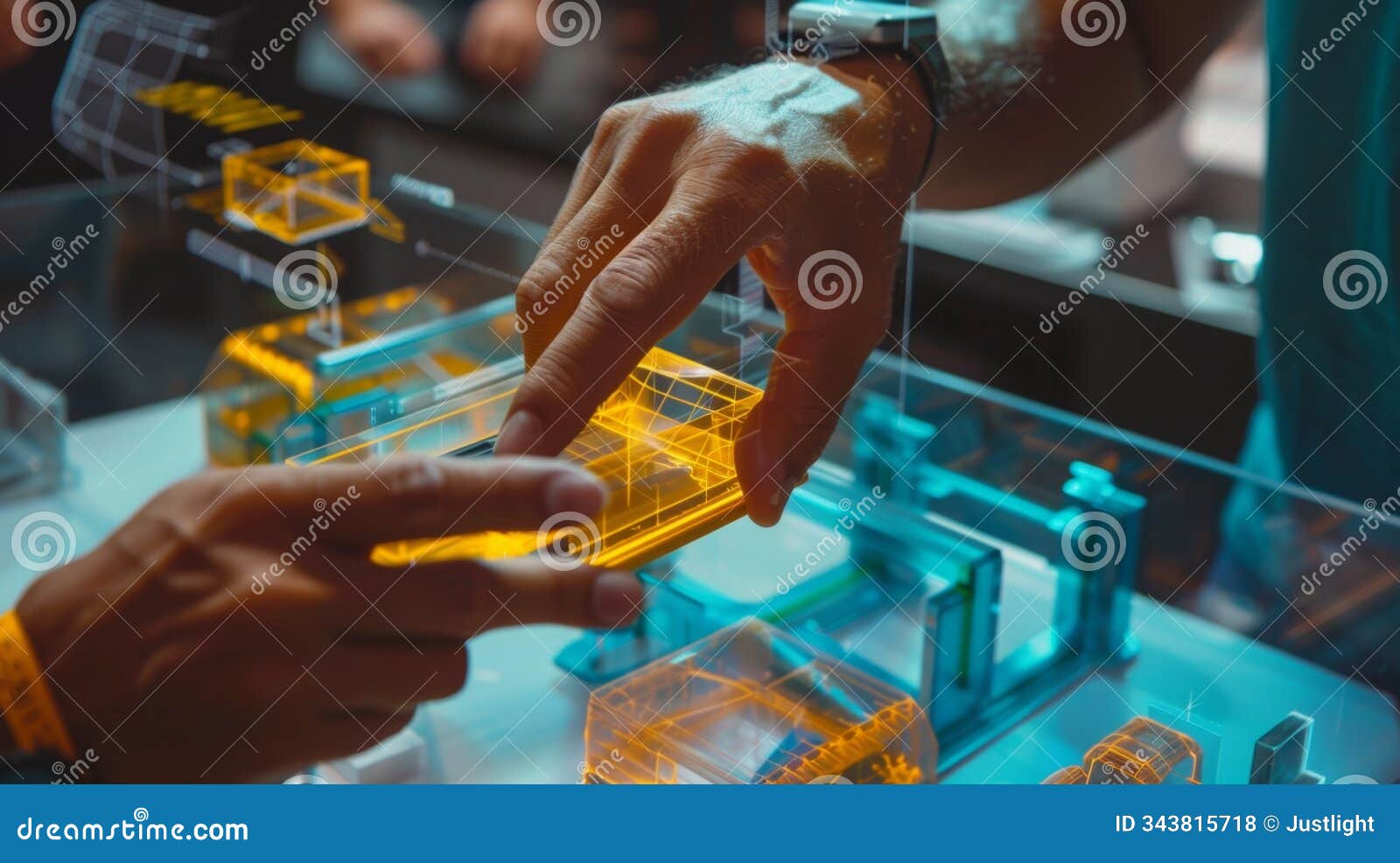 a closeup of the workers hands as they manipulate the augmented reality tools on their device to make adjustments to the