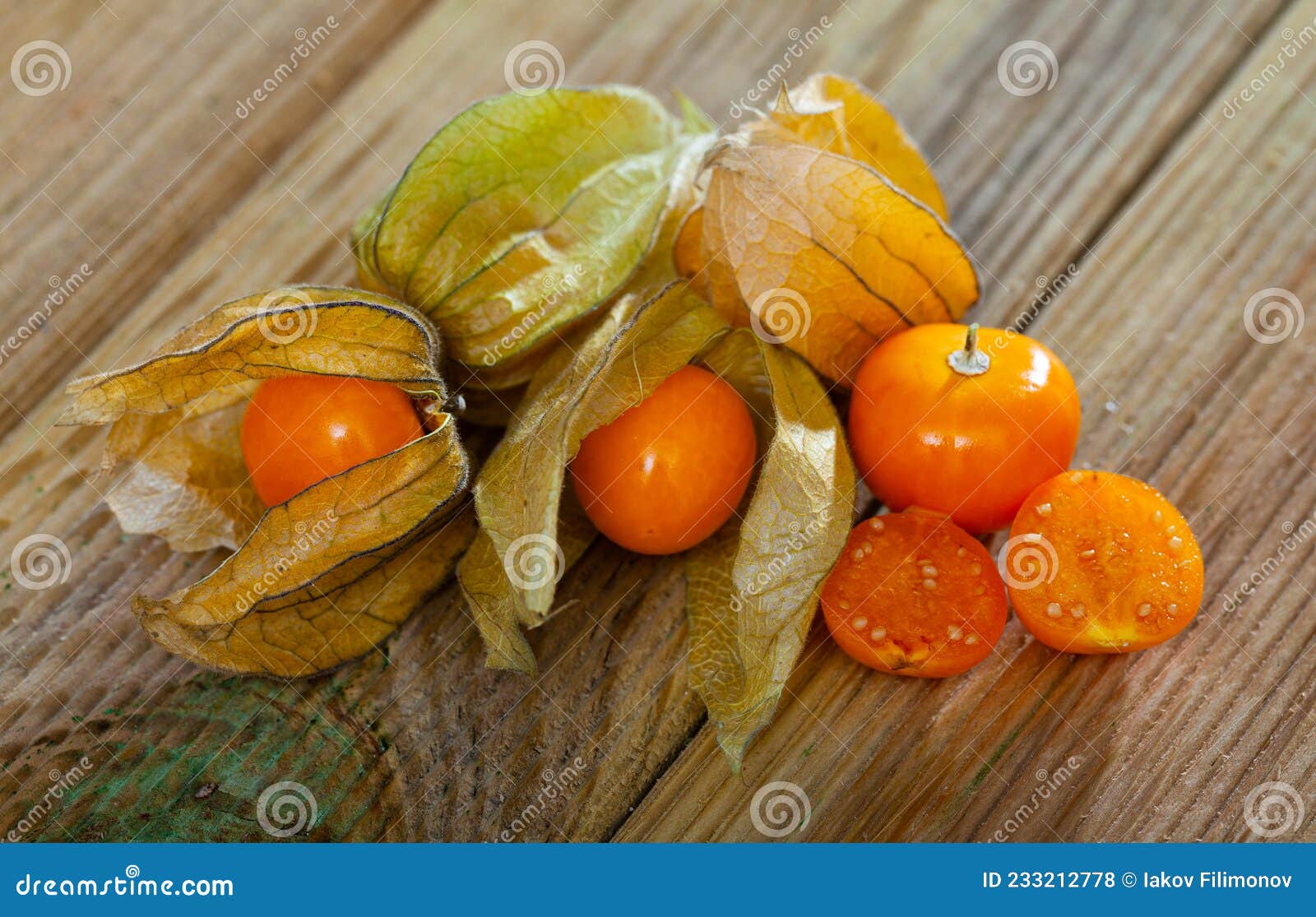 Closeup of Yellow Ripe Physalis Fruit on Wooden Table. Fruits and ...