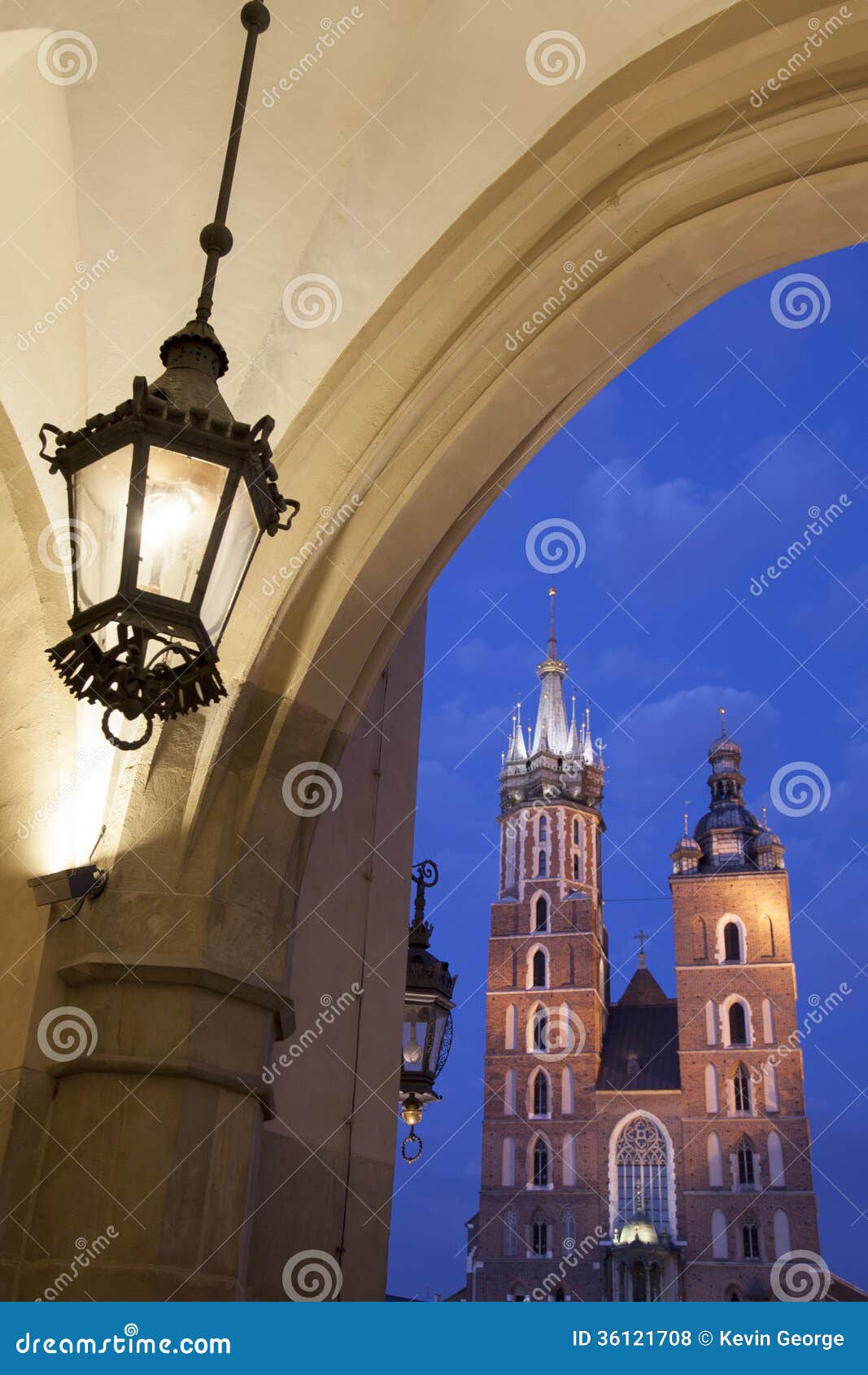 cloth hall and lamp with mariacka basilica church; krakow