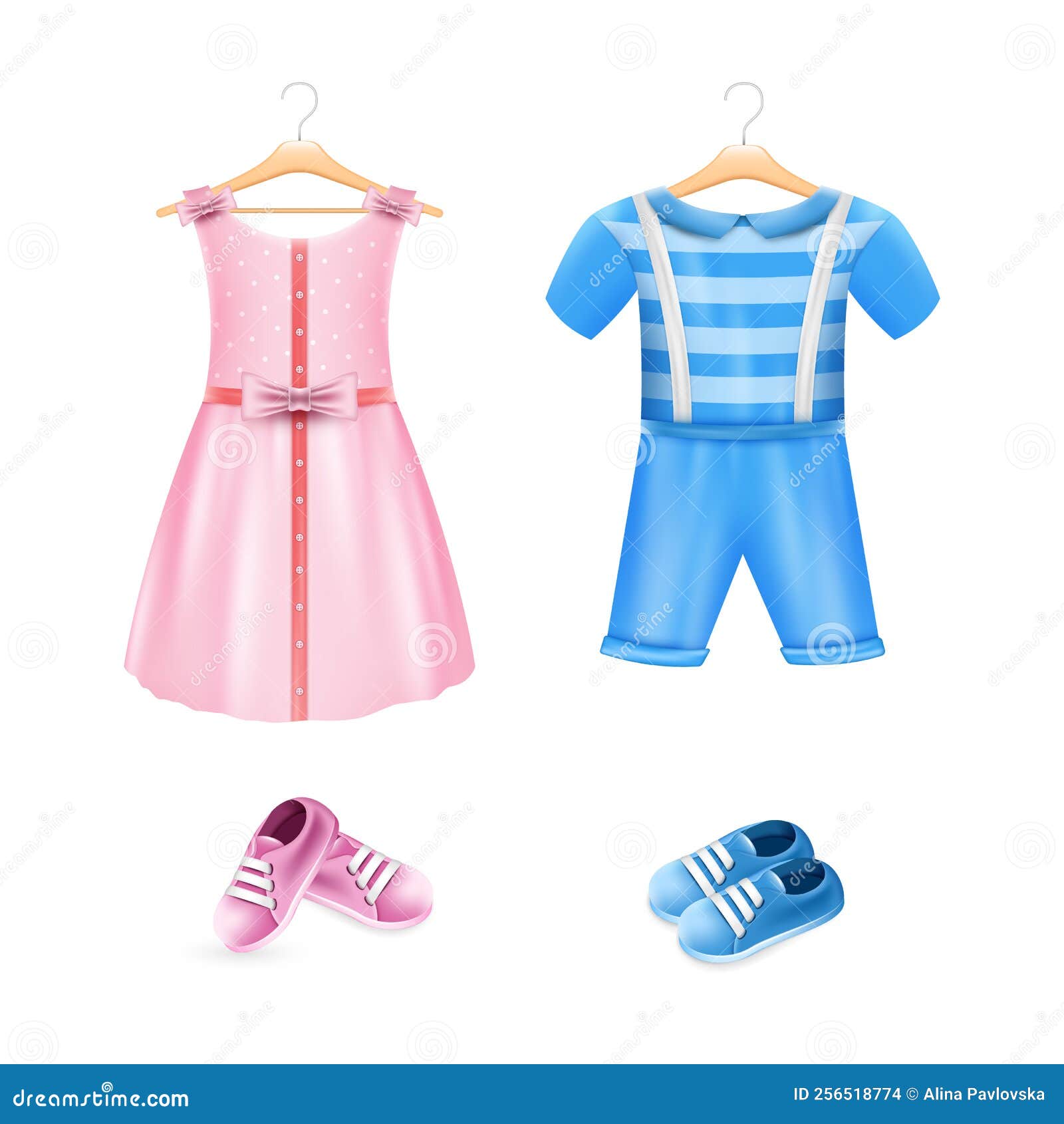 Clothes for Baby Boy and Girl. Realistic Pink Dress, Blue Romper and ...