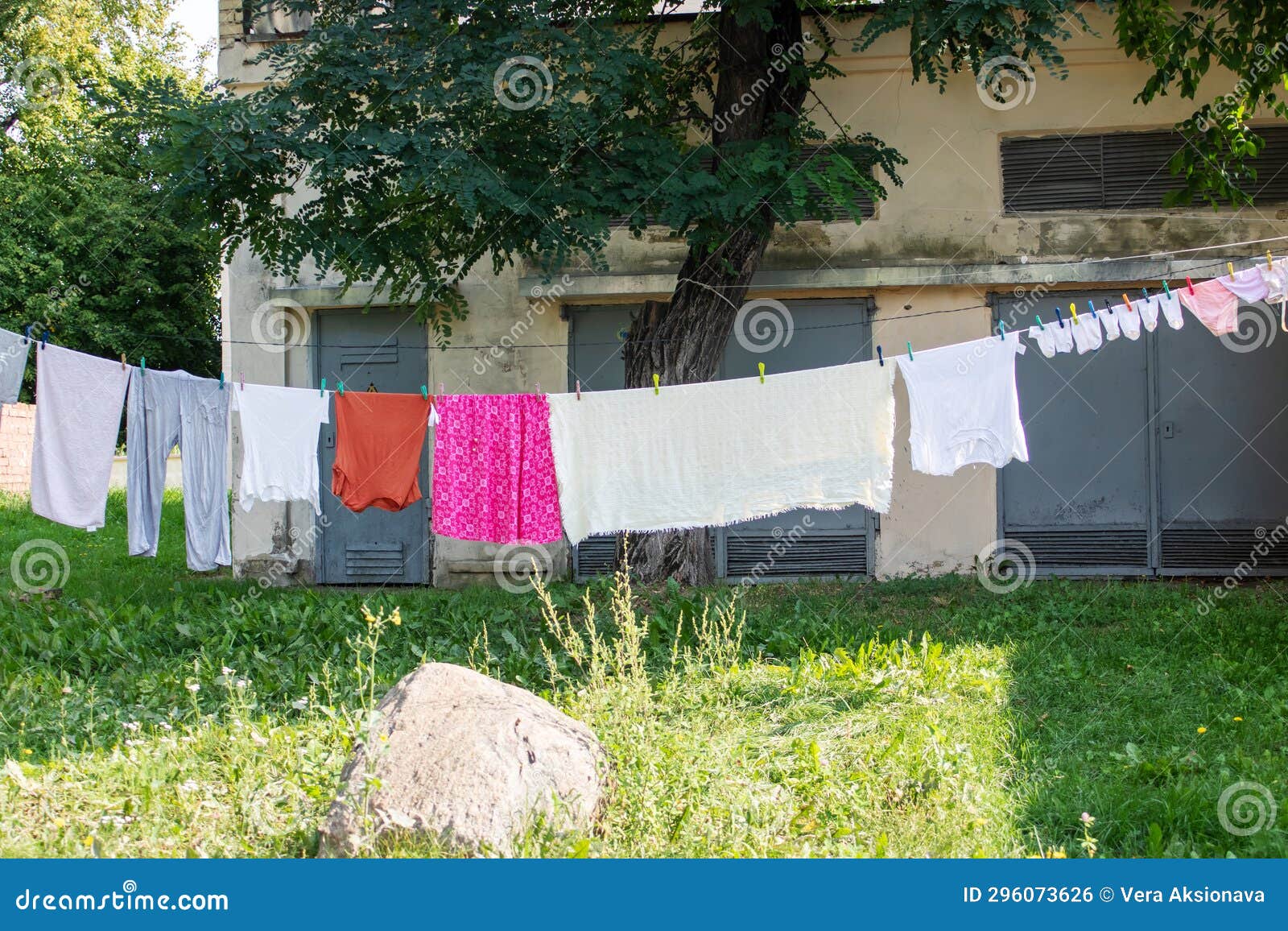 Clothes are Drying on a Line in the Yard Stock Photo Image of