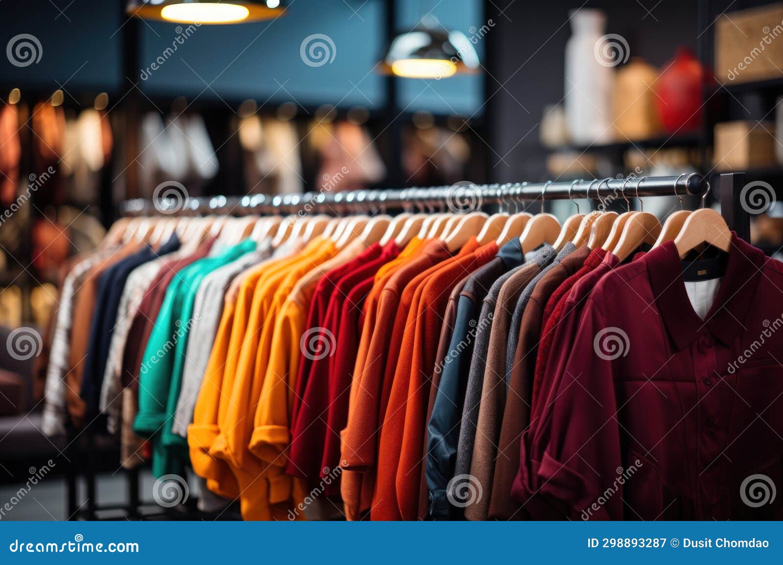 Clothes Hang on a Rack in a Clothing Store. Generative AI Stock Image