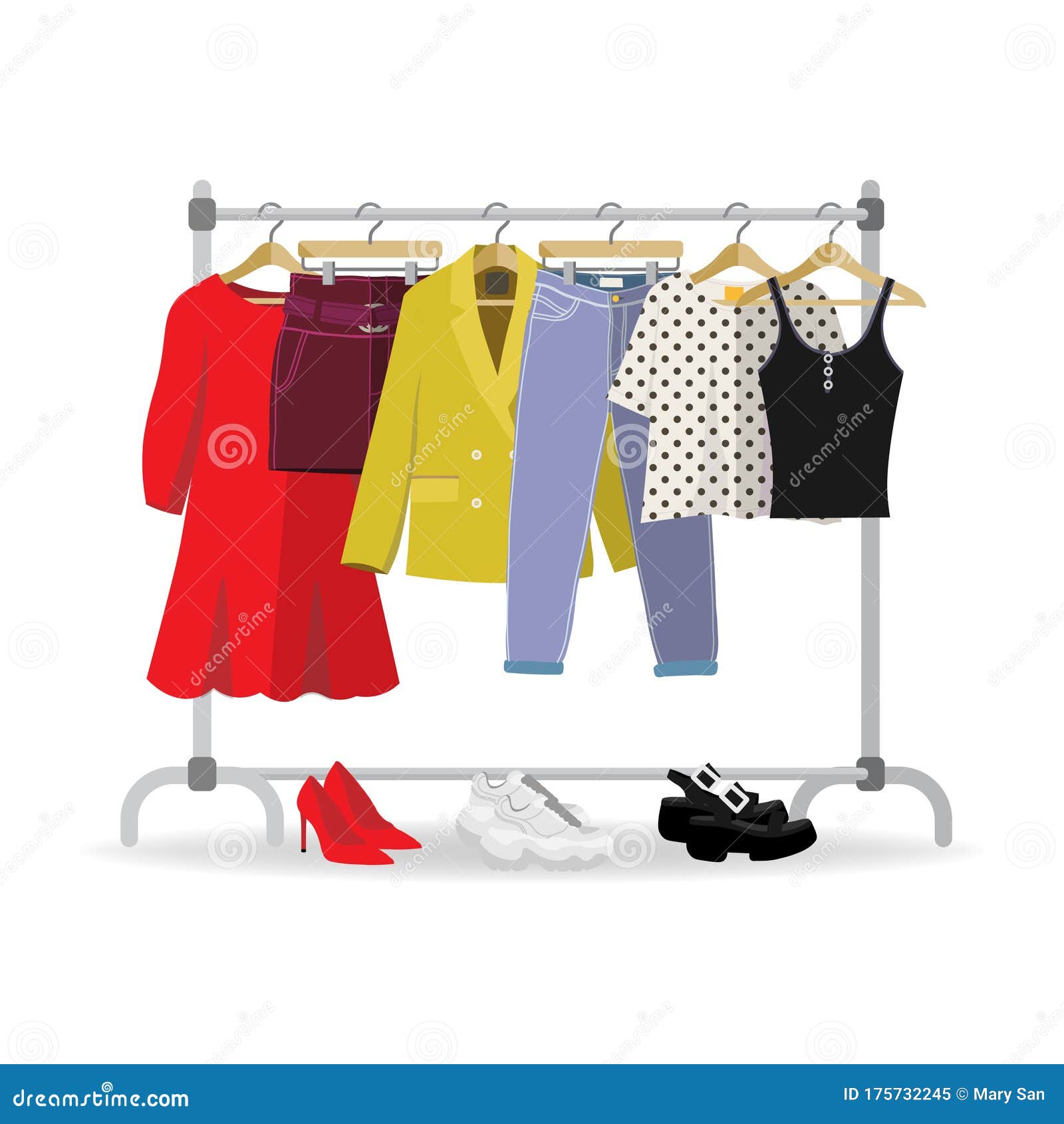 Clothes Hanger with Casual Woman Clothes, Footwear Stock Vector ...
