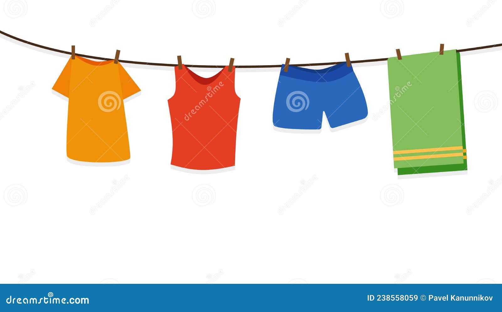 Clothes Hanging from a Wire To Dry, Vector Illustration in a Flat Style