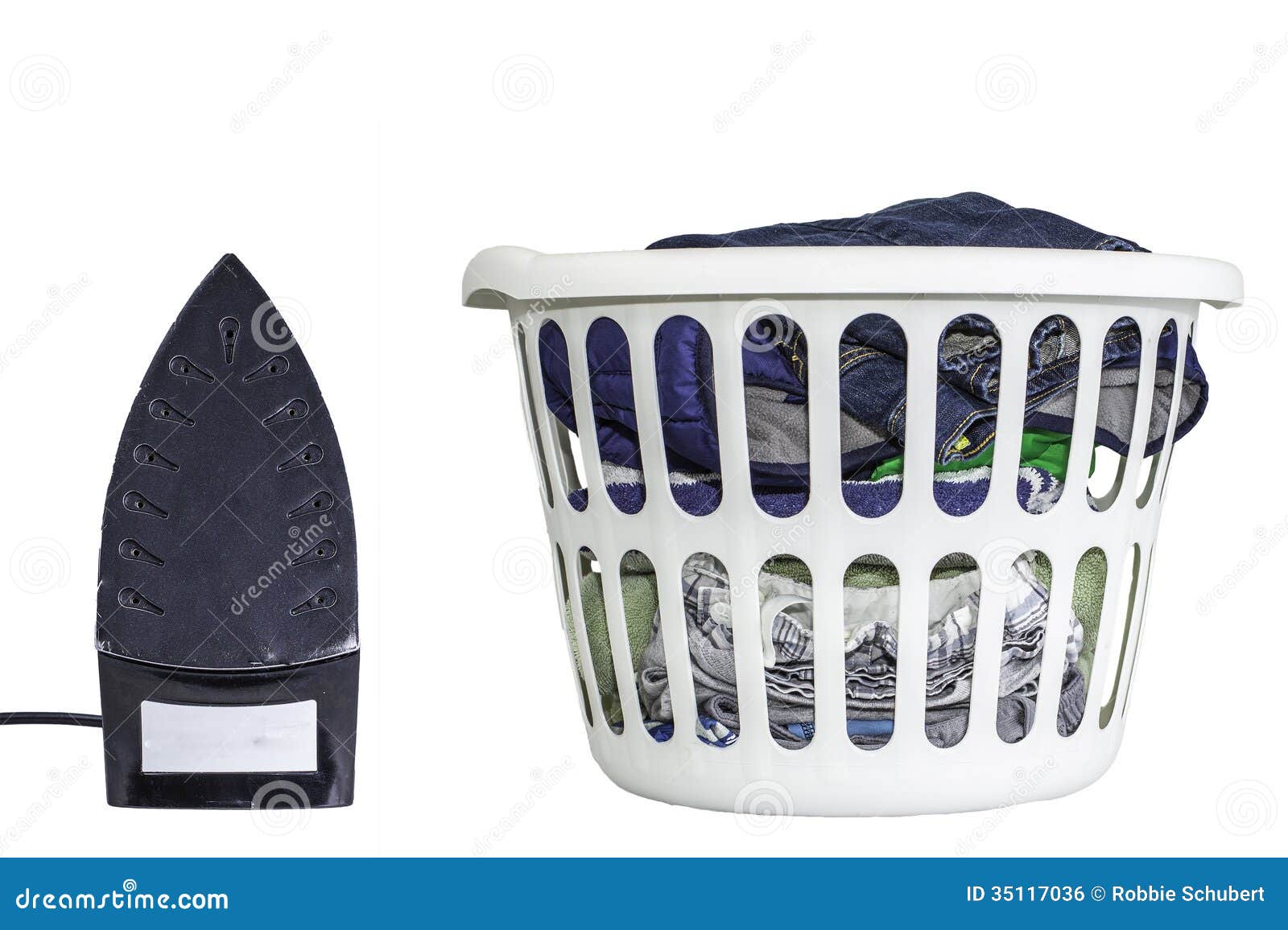 Clothes Iron and Laundry Basket Isolated on a White Background. Stock