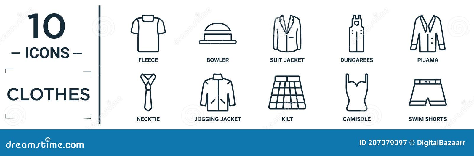 clothes linear icon set. includes thin line fleece, suit jacket, pijama, jogging jacket, camisole, swim shorts, necktie icons for