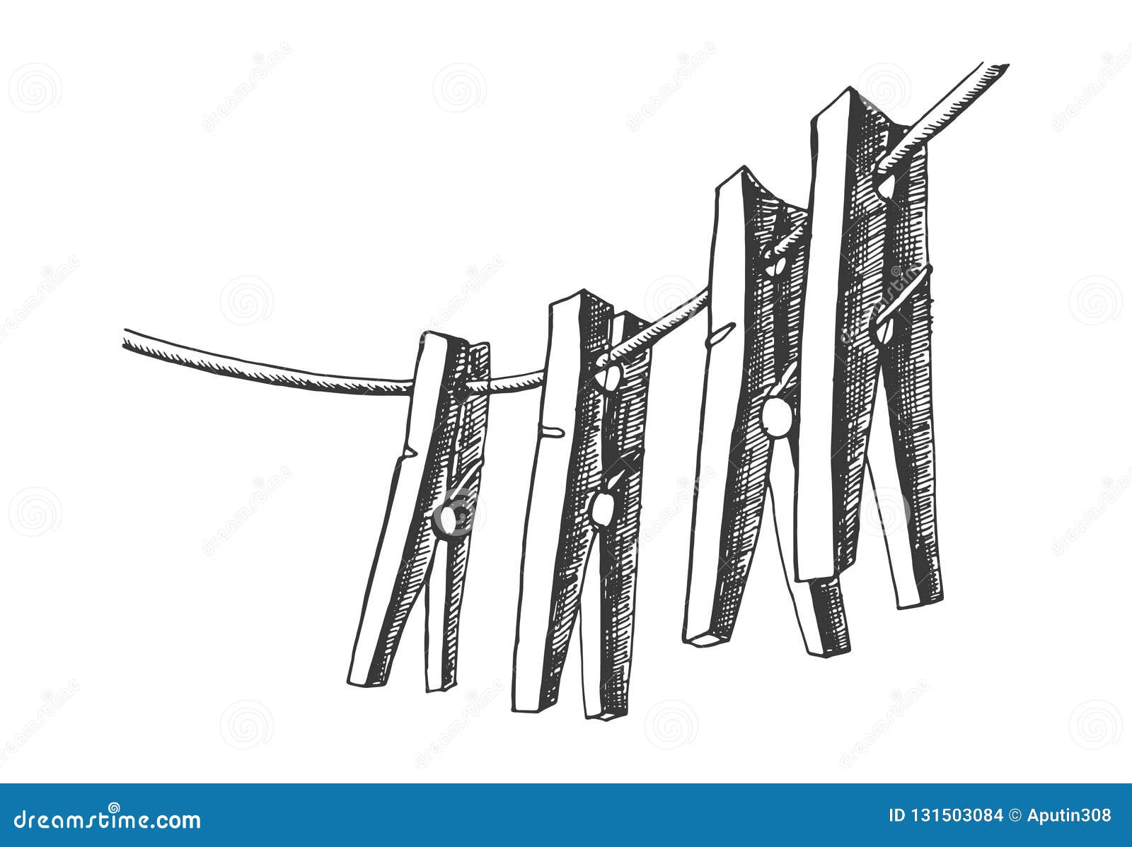 Clothes Pegs Sketch Vector. Isolated Object Drawing Stock Vector