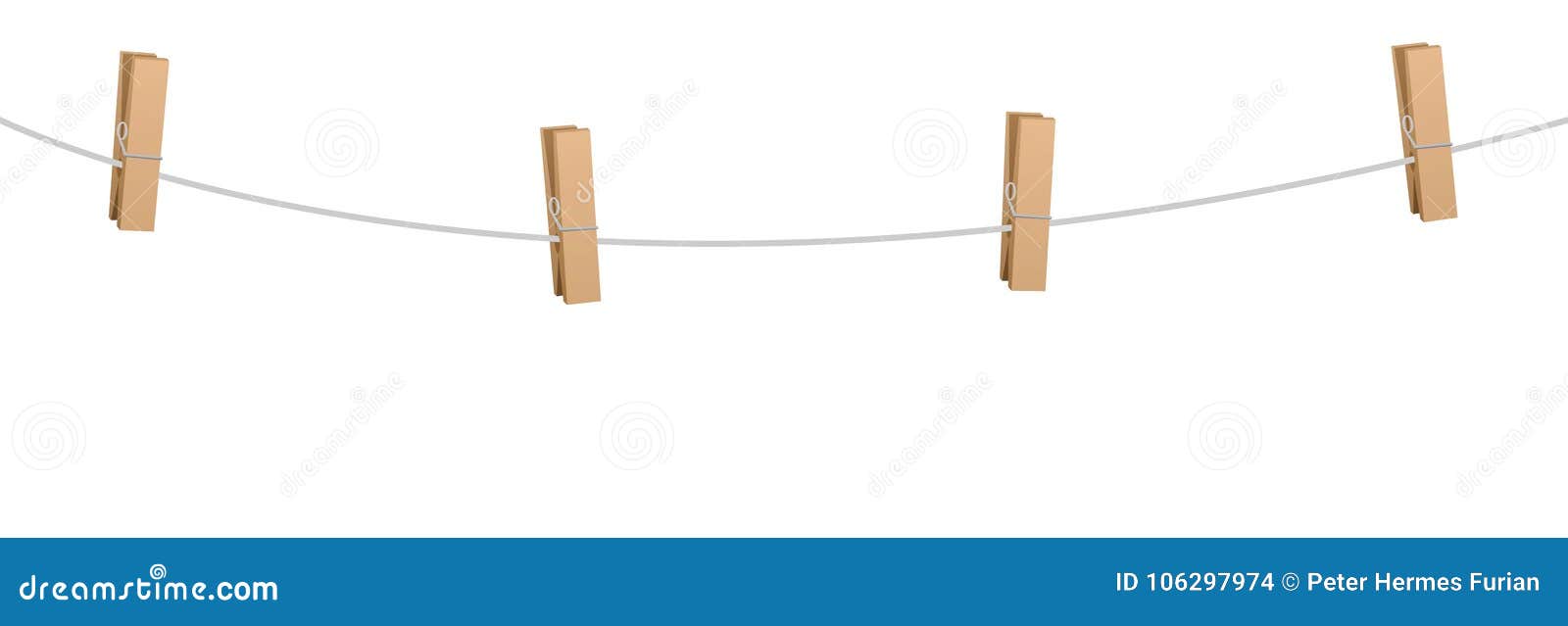 Clothes Pins Four Wooden Pegs Clothes Line Rope Stock Vector