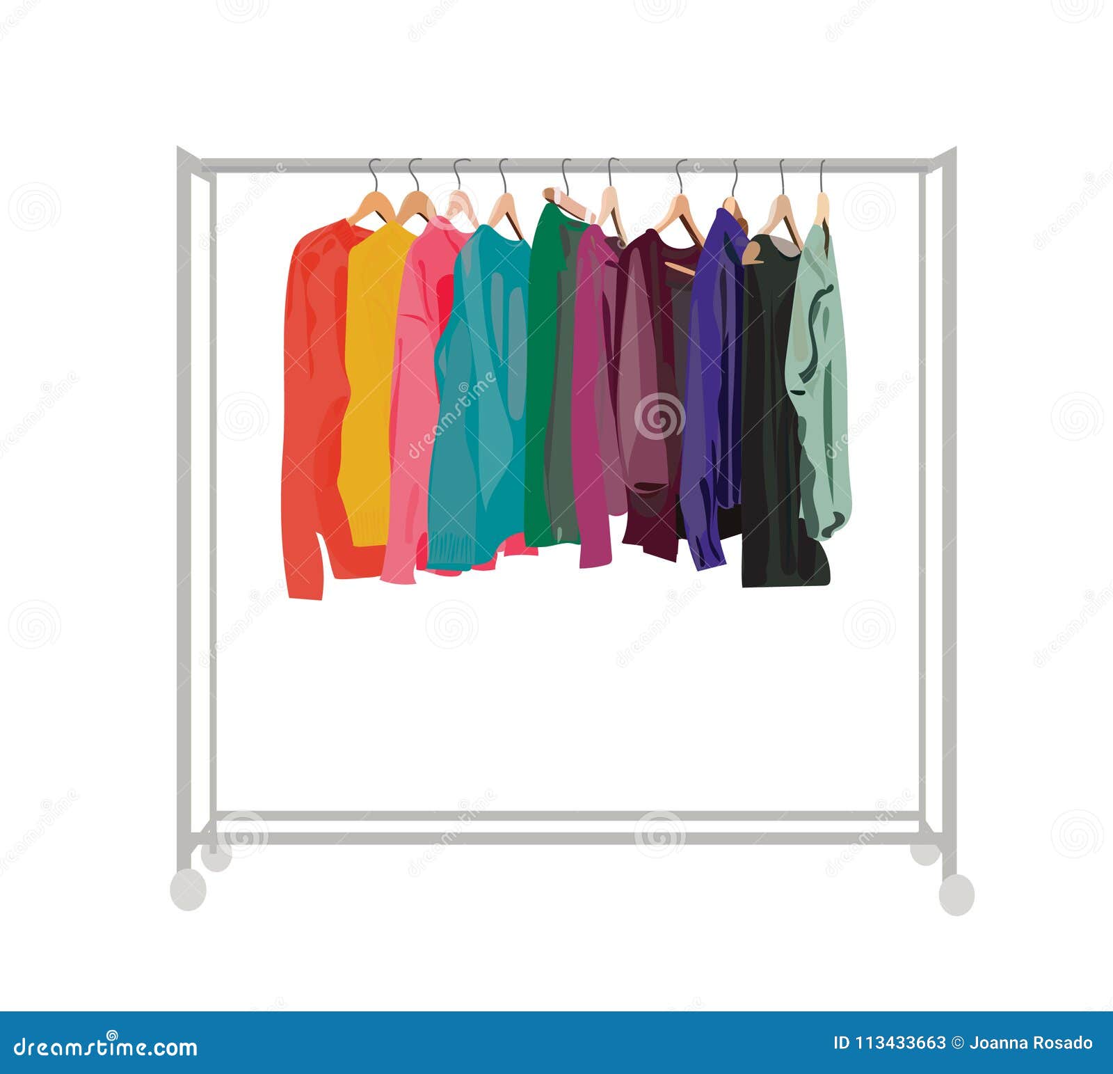 Minimalistic Fashion Illustration: Sweater, Shirt, and T-shirt Hanging on Clothing  Rack