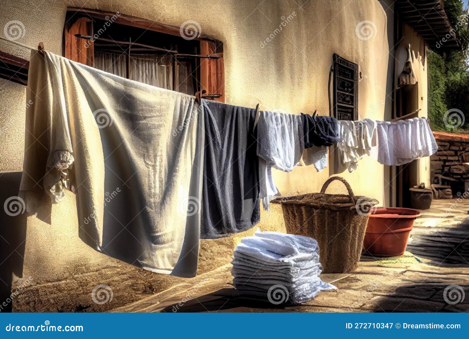 Clothesline with Freshlywashed Towels and Linens, Ready for Use Stock