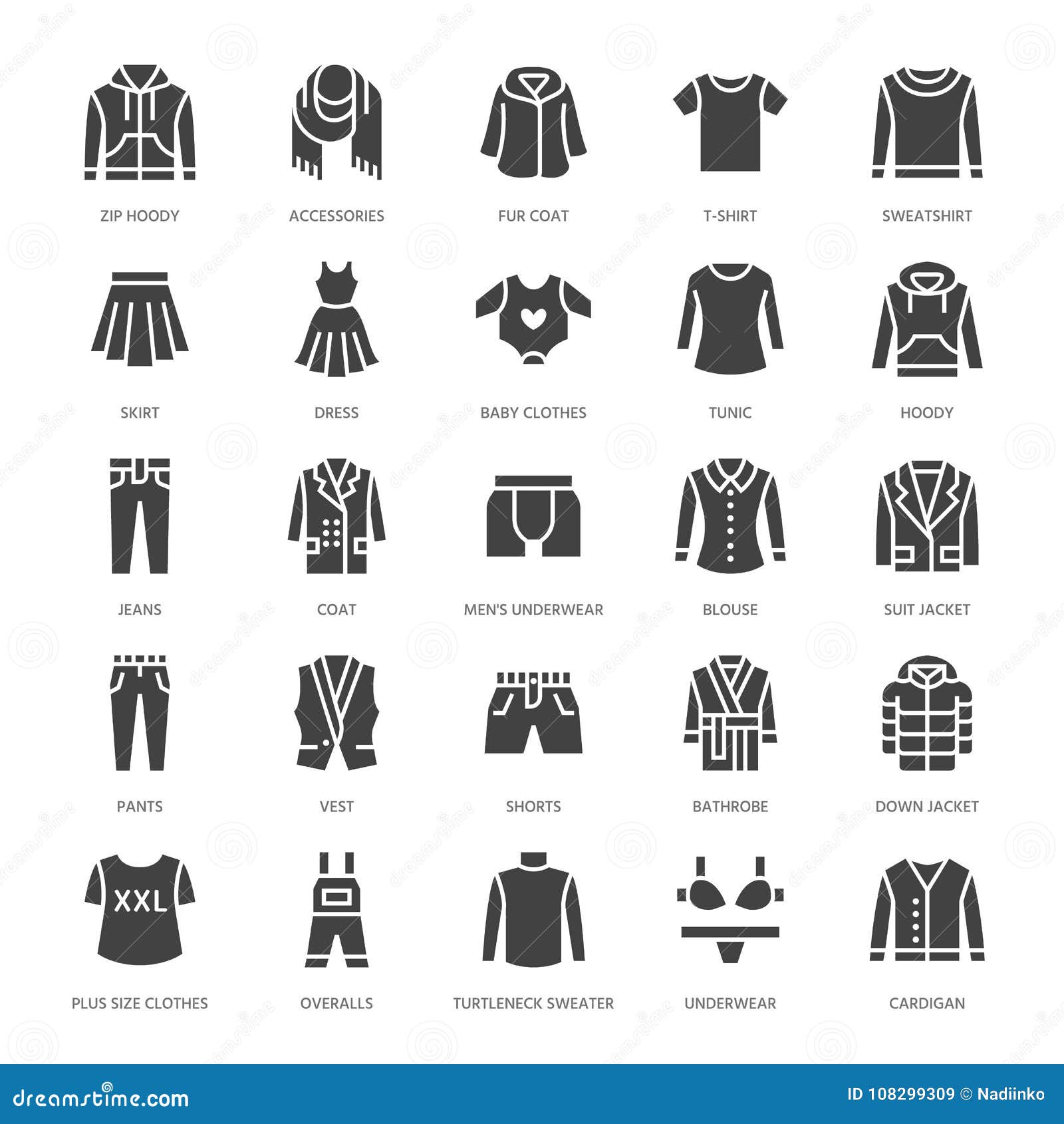 clothing, fasion flat glyph icons. mens, womens apparel - dress, down jacket, jeans, underwear, sweatshirt. silhouette