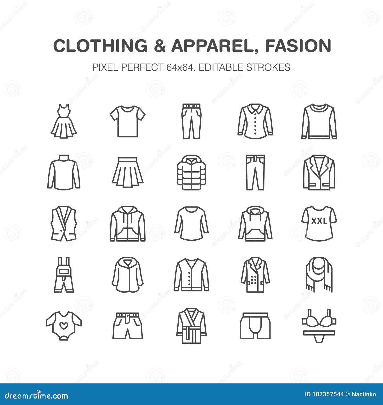 clothing, fasion flat line icons. men, women apparel - dress, down jacket, jeans, underwear, sweatshirt. thin linear