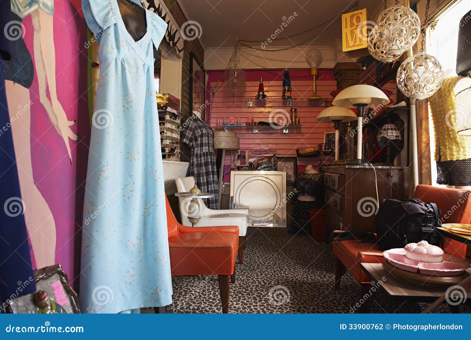 clothing and furniture in second hand store